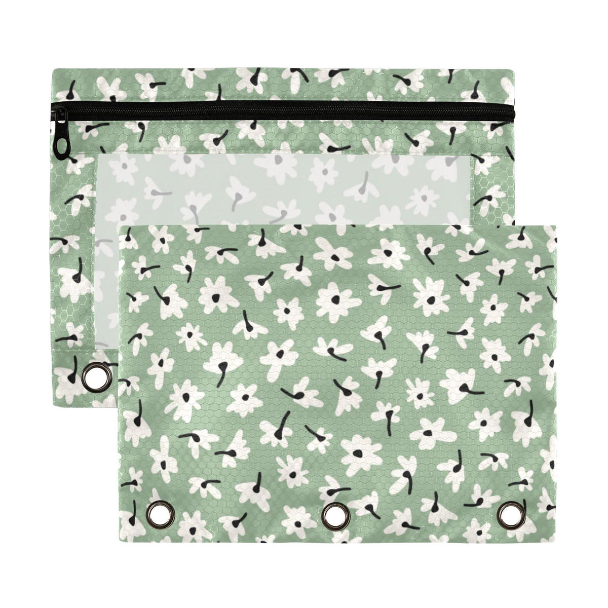 Cute Daisy Sage Green 3 Ring Binder Pencil Pouch 2 Pack Clear Waterproof Plastic Pencil Case With Zipper Cosmetic Bag Office Doc