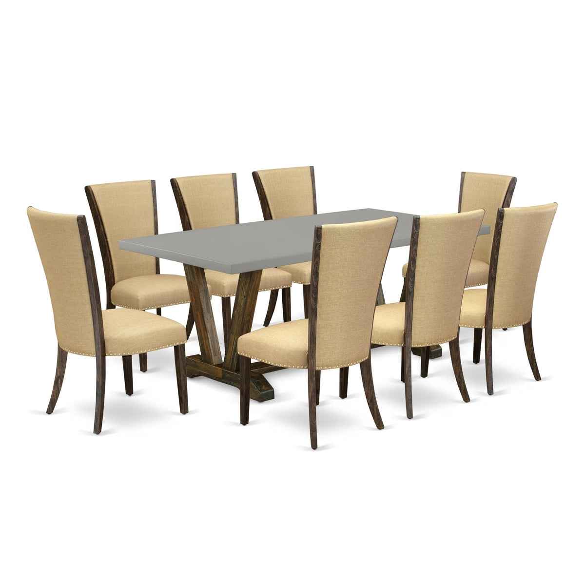 East West Furniture V797VE703-9 9 Piece Dining Room Table Set Includes a Rectangle Kitchen Table with V-Legs and 8 Brown Linen Fabric Parsons Dining Chairs, 40x72 Inch, Multi-Color