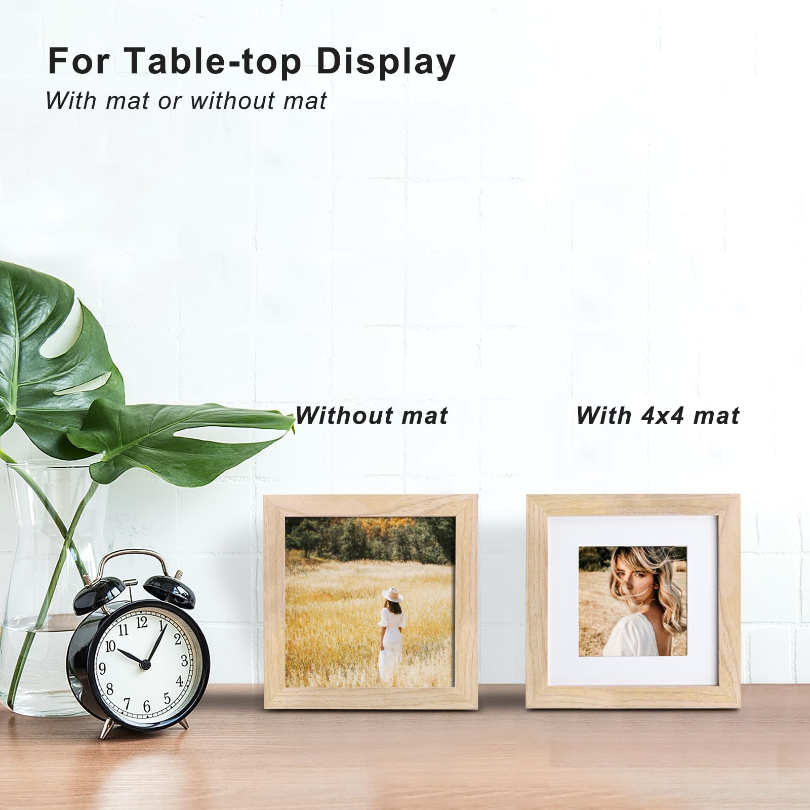 Kinlink 7X7 Picture Frames Natural Wood Frames With Acrylic Plexiglass For Pictures 4X4 With Mat, Tabletop And Wall Mounting Dis