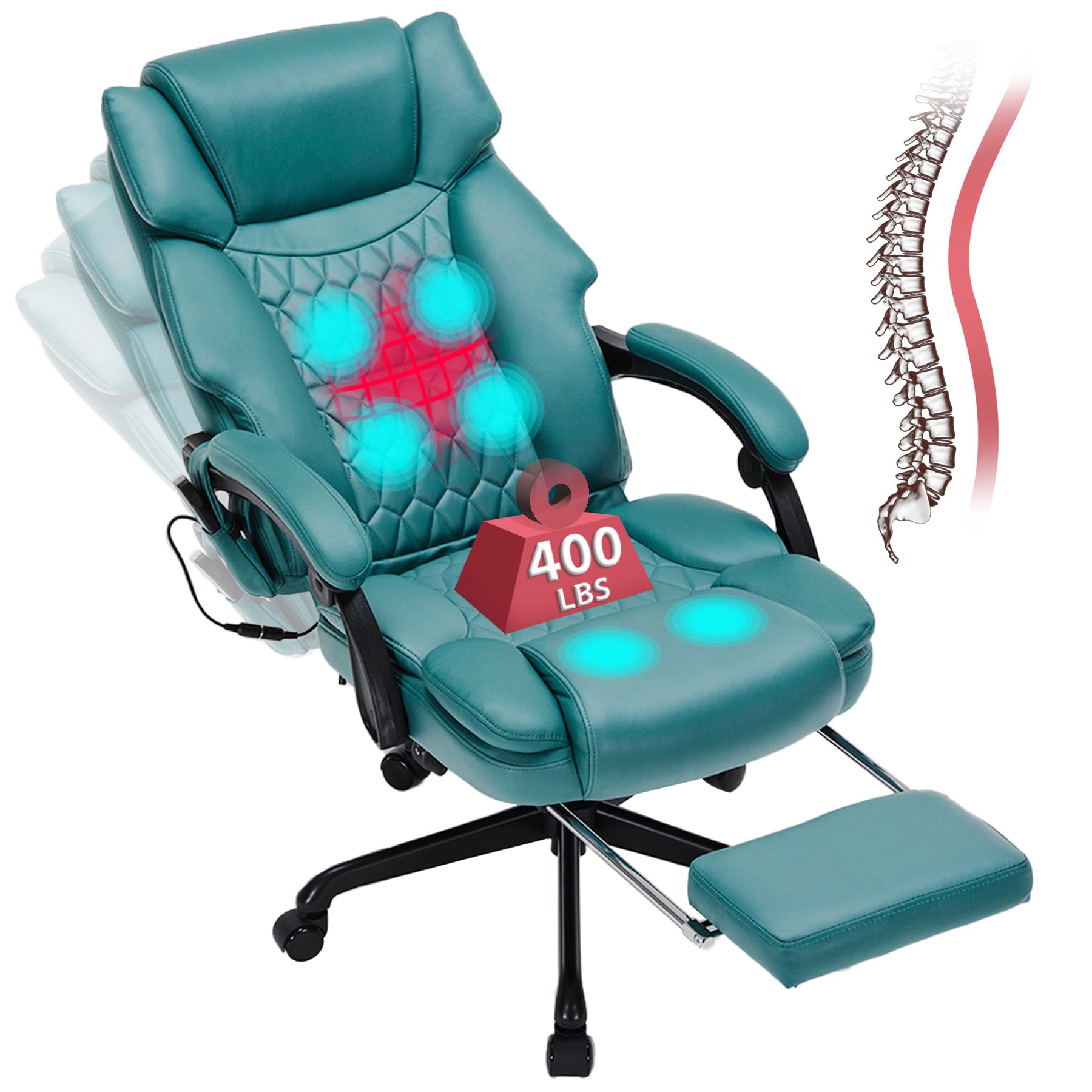 6 Points Massage Office Chair With Heat,Reclining Office Chair With Foot Rest,Vibration Home Desk Chairs For Heavy People 400Lbs