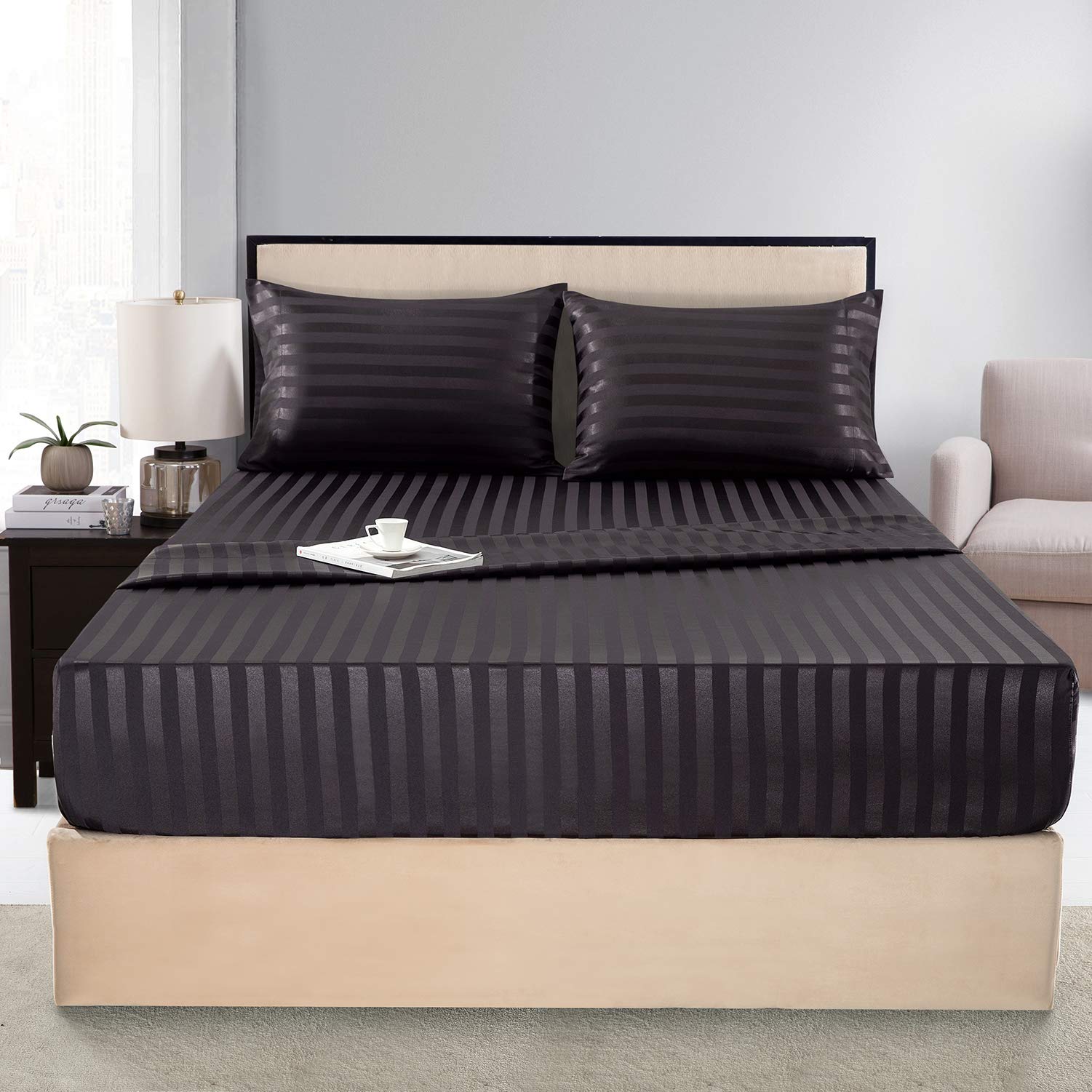 Satin-Silk Sheets King Size Bed Set, Black Soft Cooling Deep Pocket King Sheets, Hypoallergenic, Wrinkle And Fade Resistant Bedd