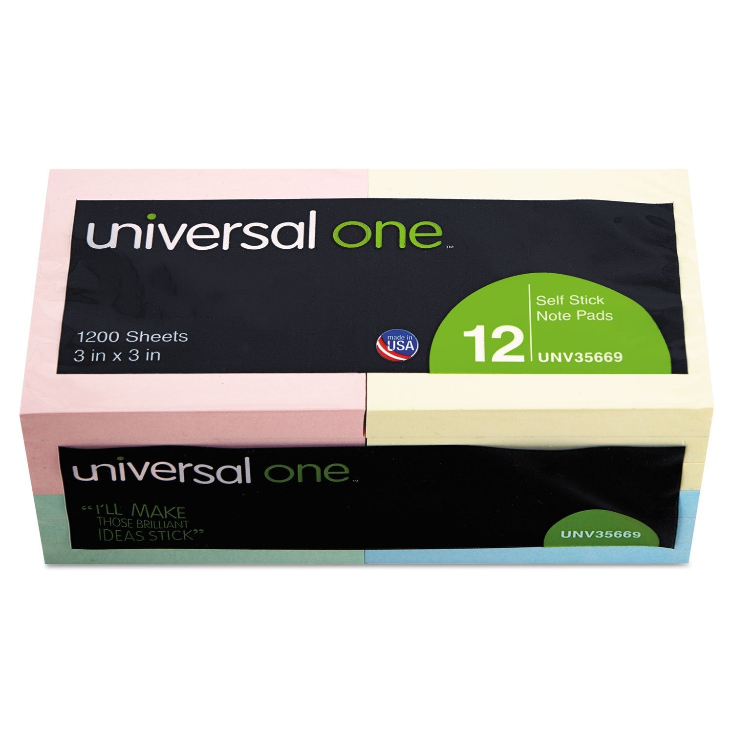 Universal One Standard Self-Stick Notes, 3 X 3, 4 Pastel Colors, 12 100-Sheet Pads/Pack