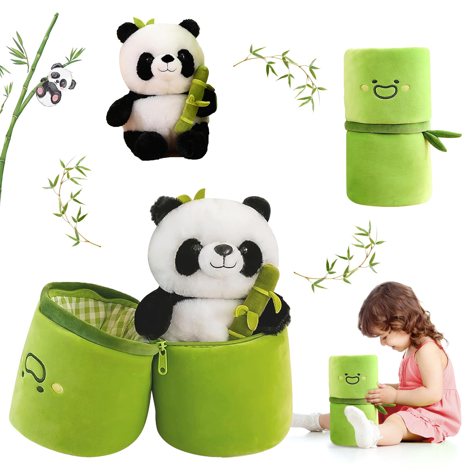 Emoin Panda Stuffed Animals Panda Bamboo Plush Toy 11.8 Inch Bamboo Tube Panda Pillow Stuffed Panda Bear Plushies Panda Doll Gif