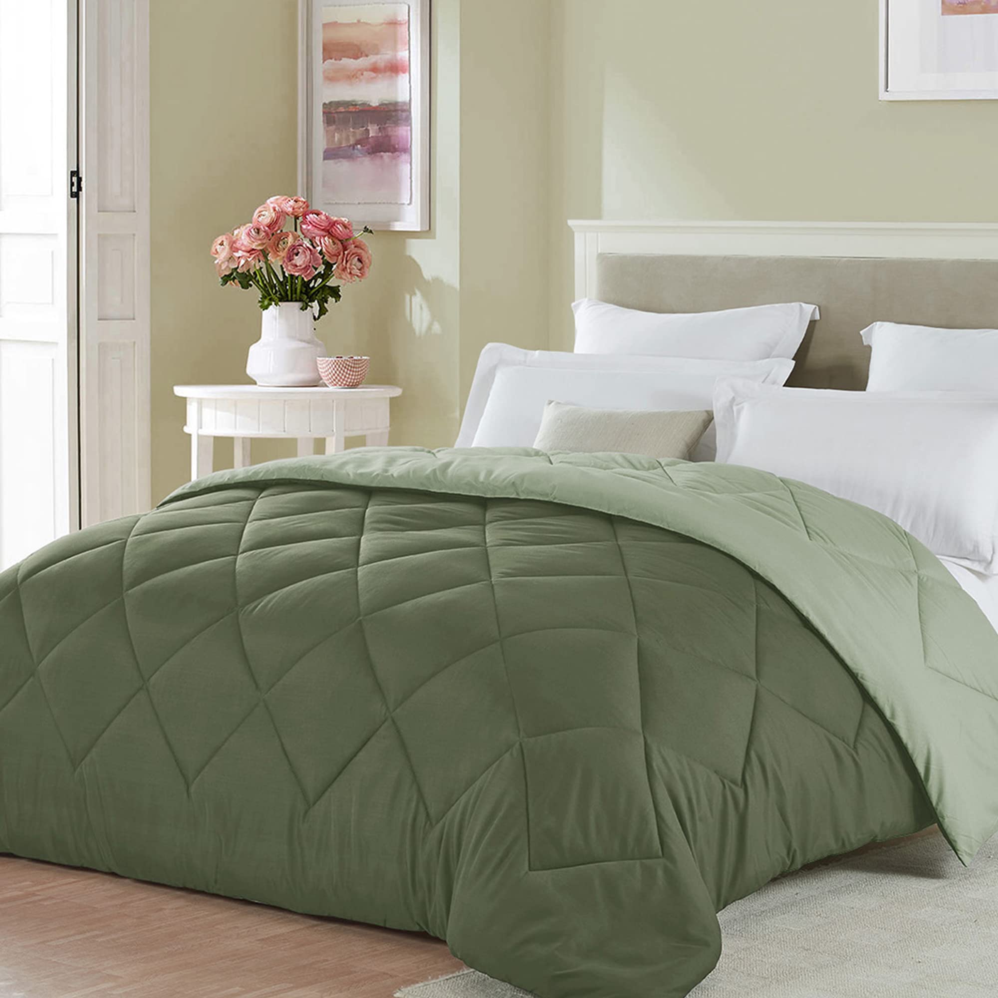 Seward Park King Size Reversible Comforter Girls Bedding Lightweight Microfiber Fill Bedspread All Season Fall Warm Blanket Sage