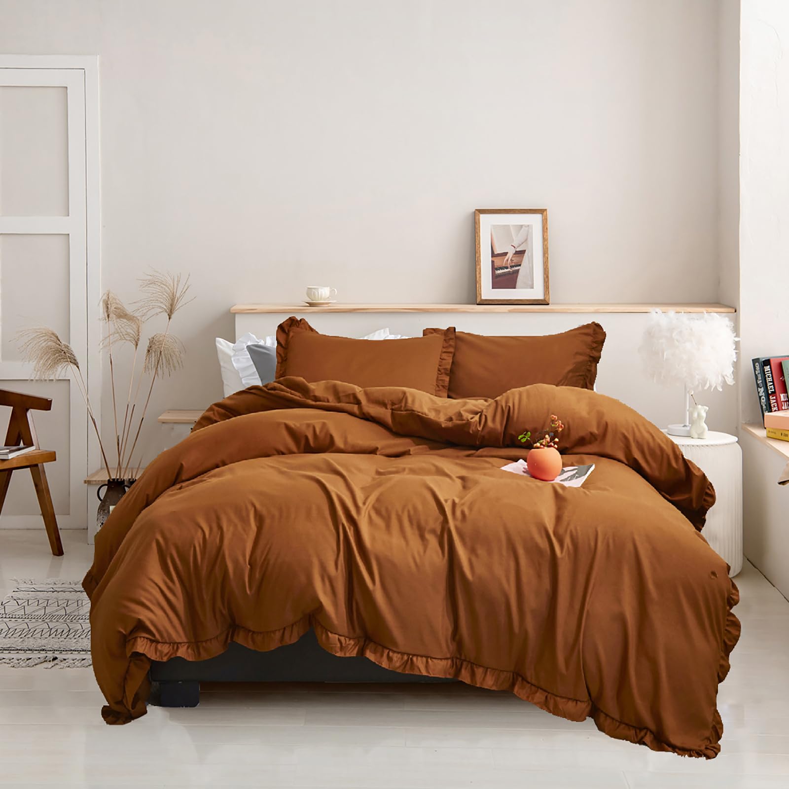 Luxlovery Pumpkin Color Ruffle Comforter Set Queen Farmhouse Rust Bedding Comforter Set Full Shabby Chic Solid Cotton Terracotta