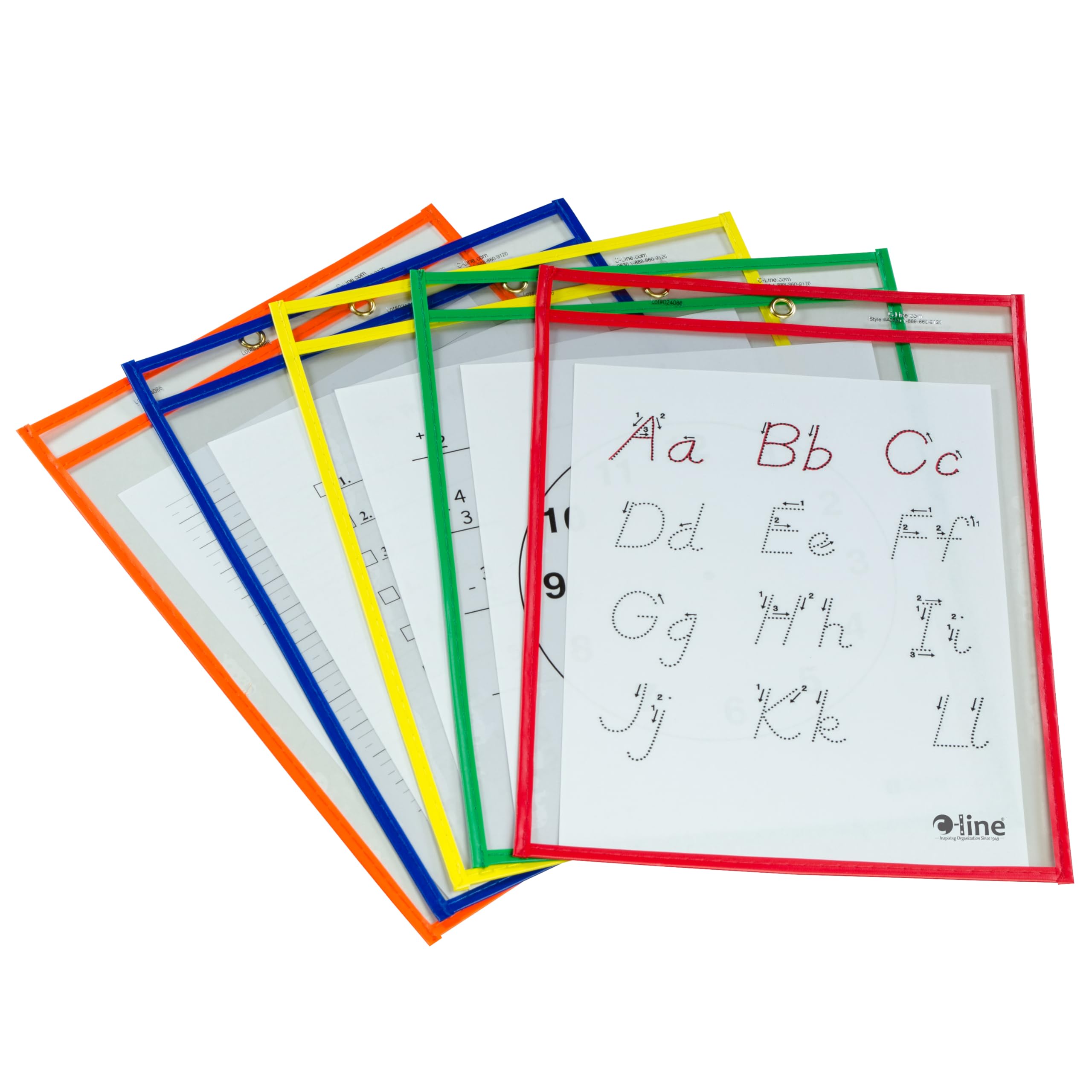 C-Line Reusable Dry Erase Pockets  9 x 12 Inches  Assorted Primary Colors  5 Pockets per Pack (40630)
