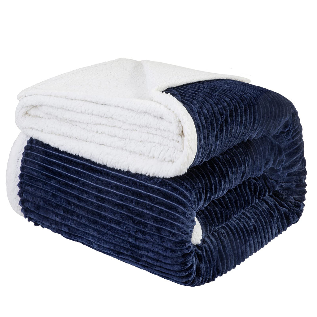 Lbro2M Striped Sherpa Fleece Bed Blanket Twin Size, Super Soft Fuzzy Plush Warm Cozy Fluffy Microfiber Couch Throw Velvet Double Reversible Luxurious Blankets (65X90),Navy Blue