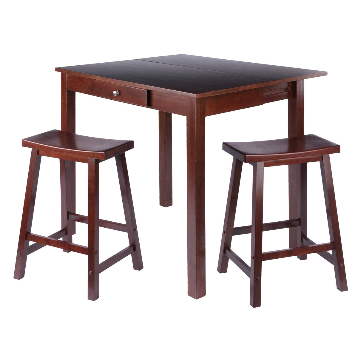 Ergode Wood Perrone High Table Set | Expandable Dining Solution | 2 Stools | Walnut Finish | Space-Saving | 160lbs Weight Limit (94804-VV)