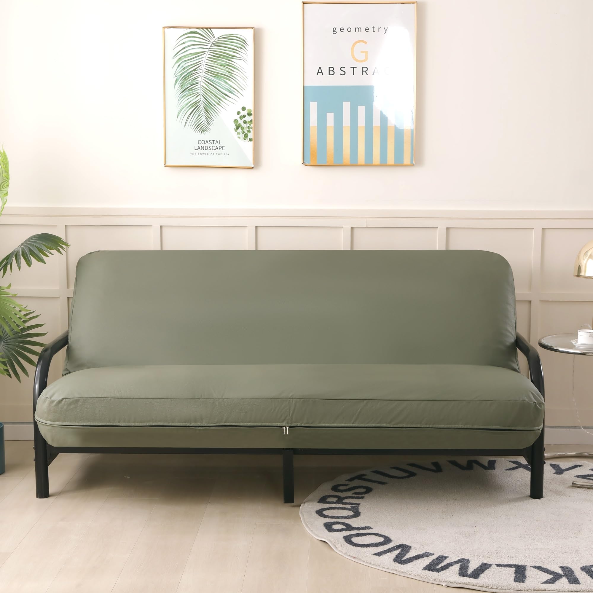 OctoRose 3 Side Zipper Full Size Anti Scratch Olive Green Waterproof Pet Friendly Faux Leather Futon Cover/Sofa Day Bed Mattress