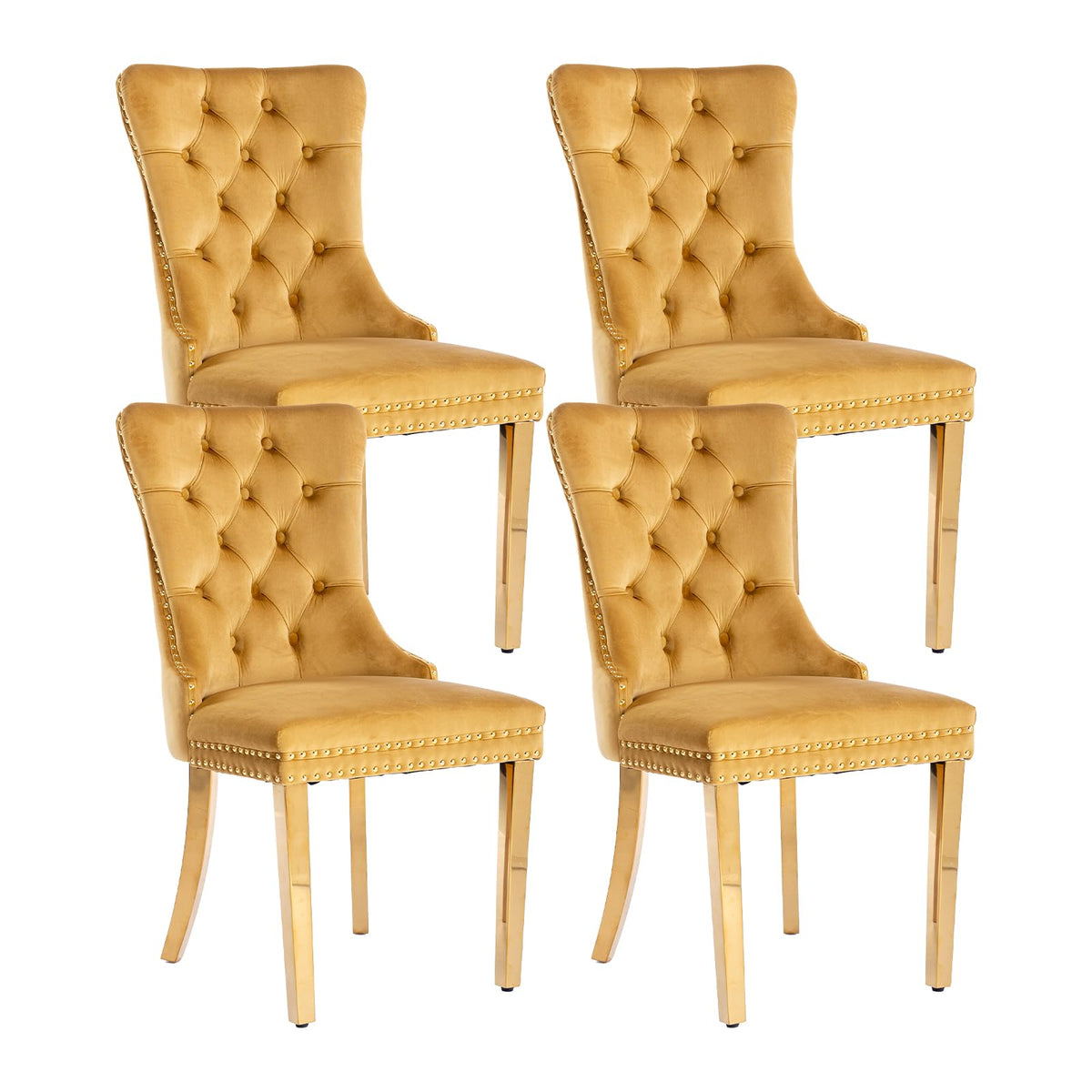 Gold Velvet Dining Chairs Set Of 4, Kitchen & Dining Room Chairs, Tufted Upholstered Dining Room Chair, Back Ring Pull Trim, Gol