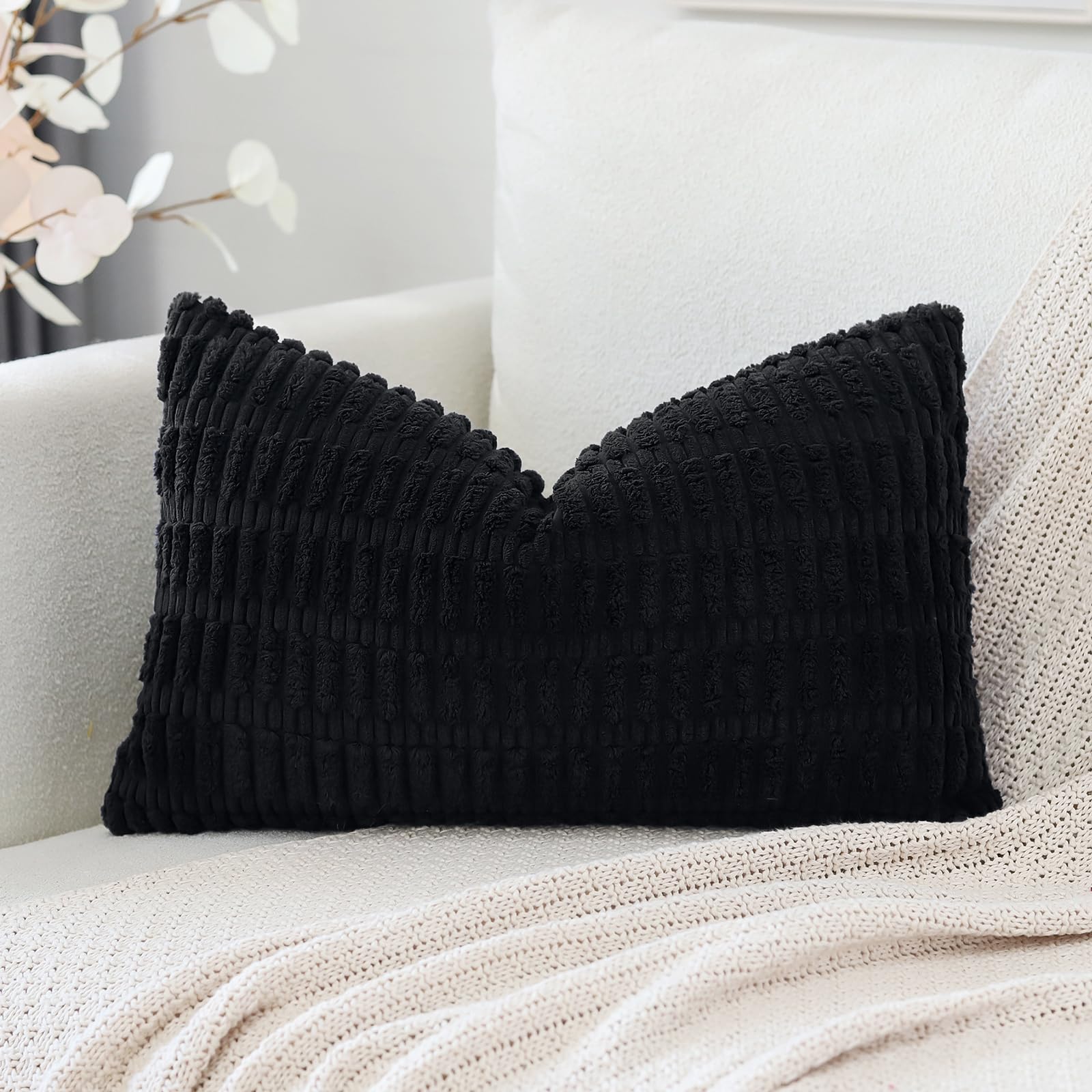 Otostar Corduroy Decorative Throw Pillow Covers 16X24 Inch Super Soft Boho Striped Rectangle Pillow Covers Case Modern Cushion Covers For Sofa Couch Bedroom Car Decor Black