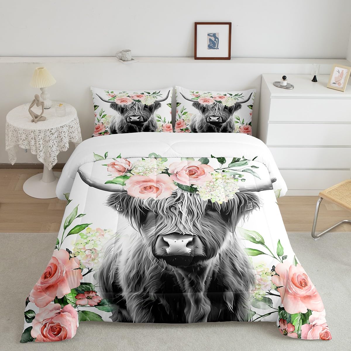 Feelyou Highland Cow Bedding Set Kids Rose Floral Bull Cattle Comforter Set For Girls Teens Western Wildlife Animal Comforter Fa