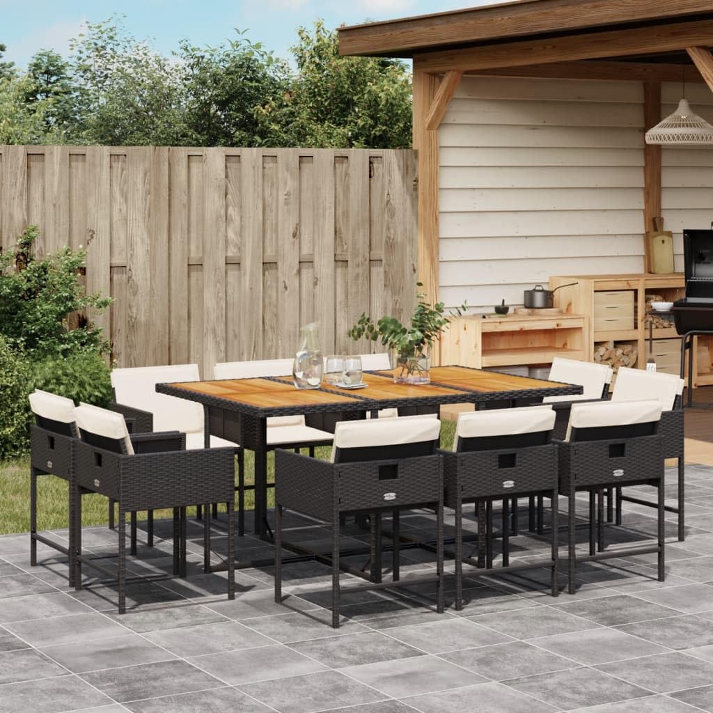 vidaXL 11-Piece Patio Dining Set - Poly Rattan, Black/Cream Cushion, Garden/Backyard/Patio Furniture, Acacia Wood Table ```
