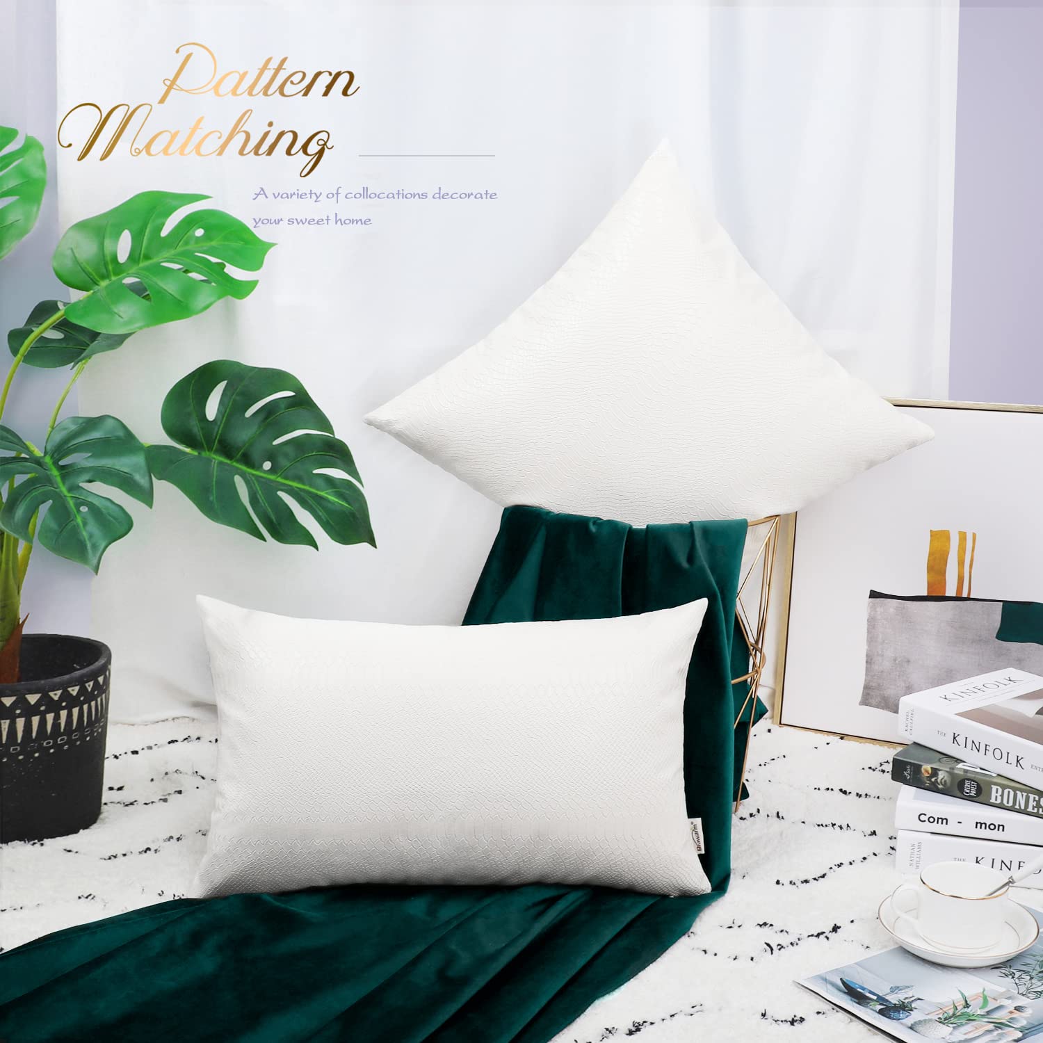 Brawarm White Leather Throw Pillows 16 X 16 Inches, Snake Leather Pillow Covers Pack Of 2, Faux Leather Decorative Pillow Covers