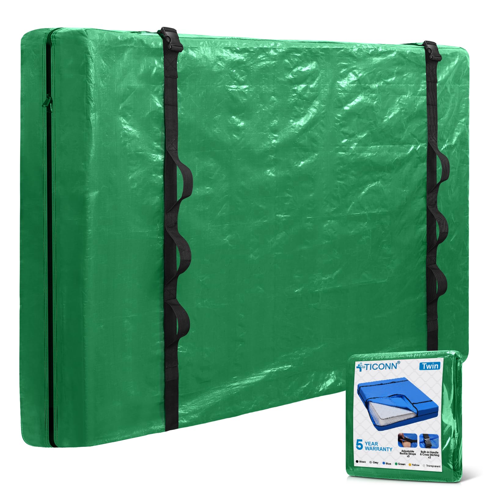 Ticonn Mattress Bags For Moving, Twin Mattress Cover For Moving, Heavy Duty, Full-Around Handle With Adjustable Buckles, Mattress Storage Bag & Moving Supplies (Green, Twin)