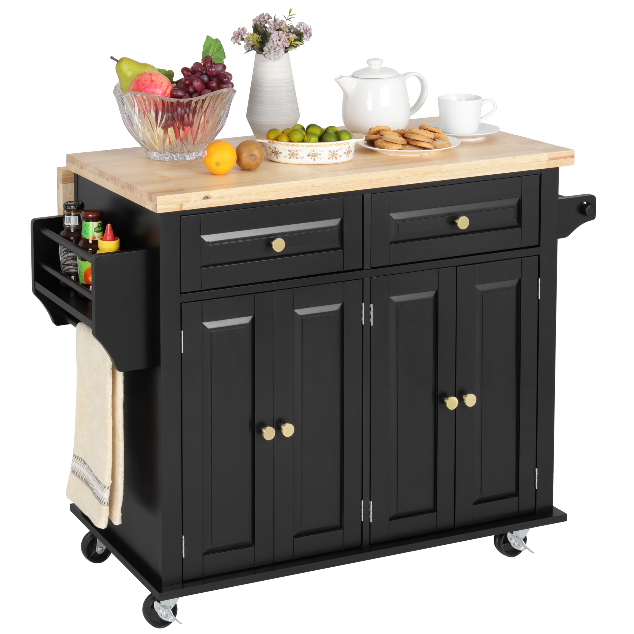 Finnhomy Rolling Kitchen Island With Drop Leaf, Thicken Rubberwood Top, Spice Rack, Towel Rack, Drawer, 43.3' Portable Mobile K