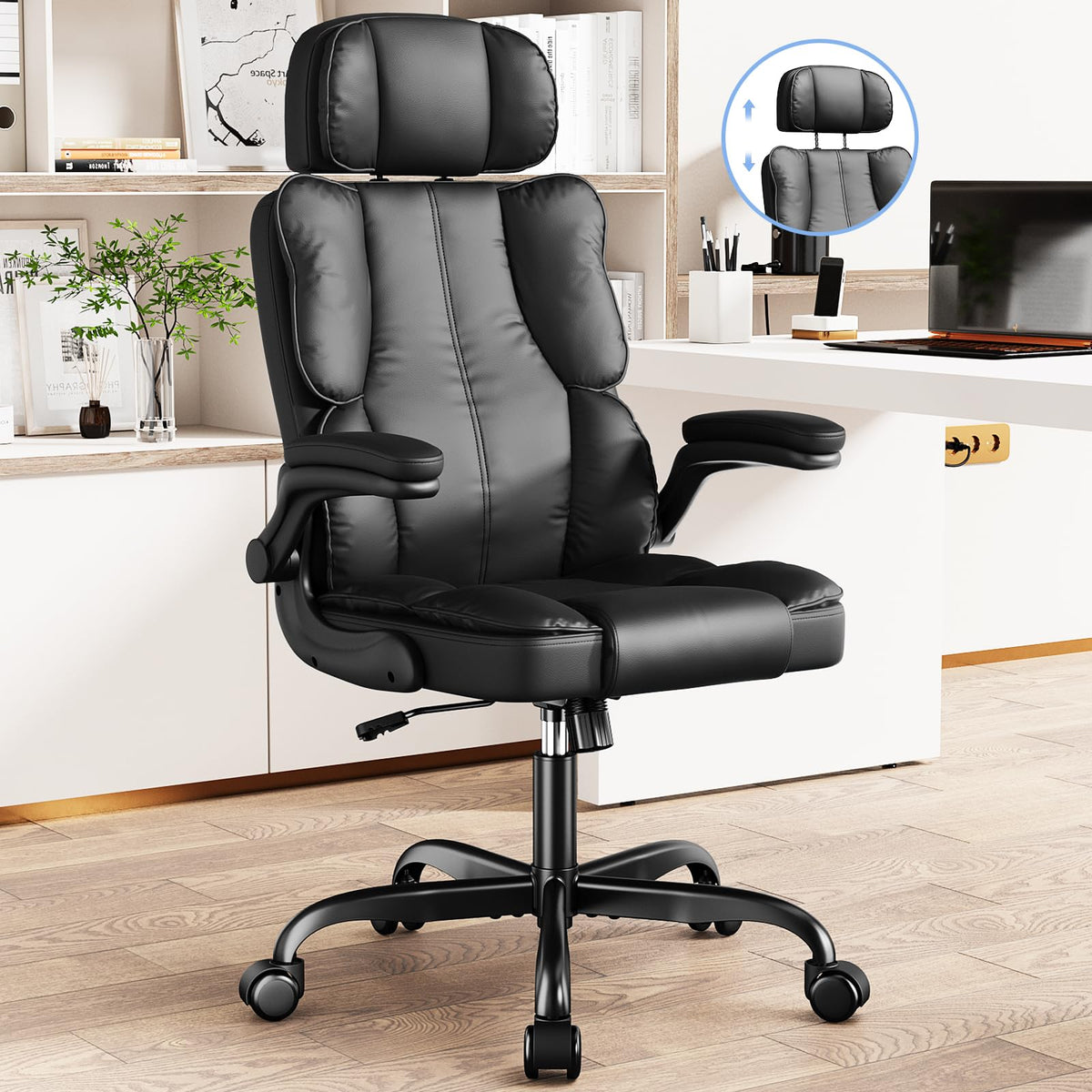 Kensaker Executive Leather Office Chair, Computer Chair With Thick Cushion & Lumbar Support, Ergonomic Desk Chair With Adjustabl