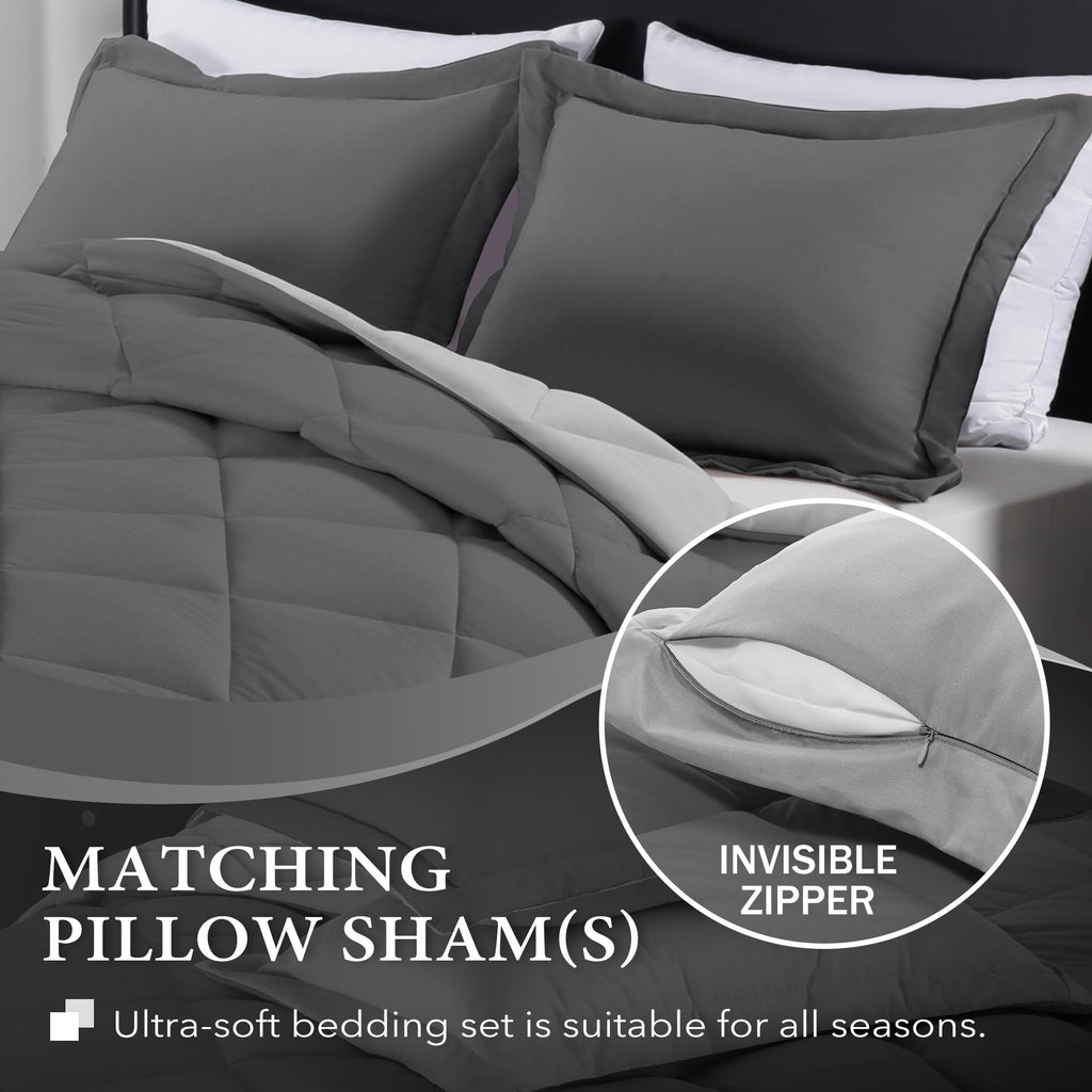 Downluxe Full Size Comforter Set - Charcoal And Grey Full Comforter - Soft Bedding Sets For All Seasons -3- Piece Comforter Set Full With 2 Reversible Pillow Shams