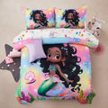 A Nice Night 6Pcs Comforter Set,Black Girl Princess Mermaid With Green Tail Printed,Pink Gradient Glitter Rainbow Background Kid
