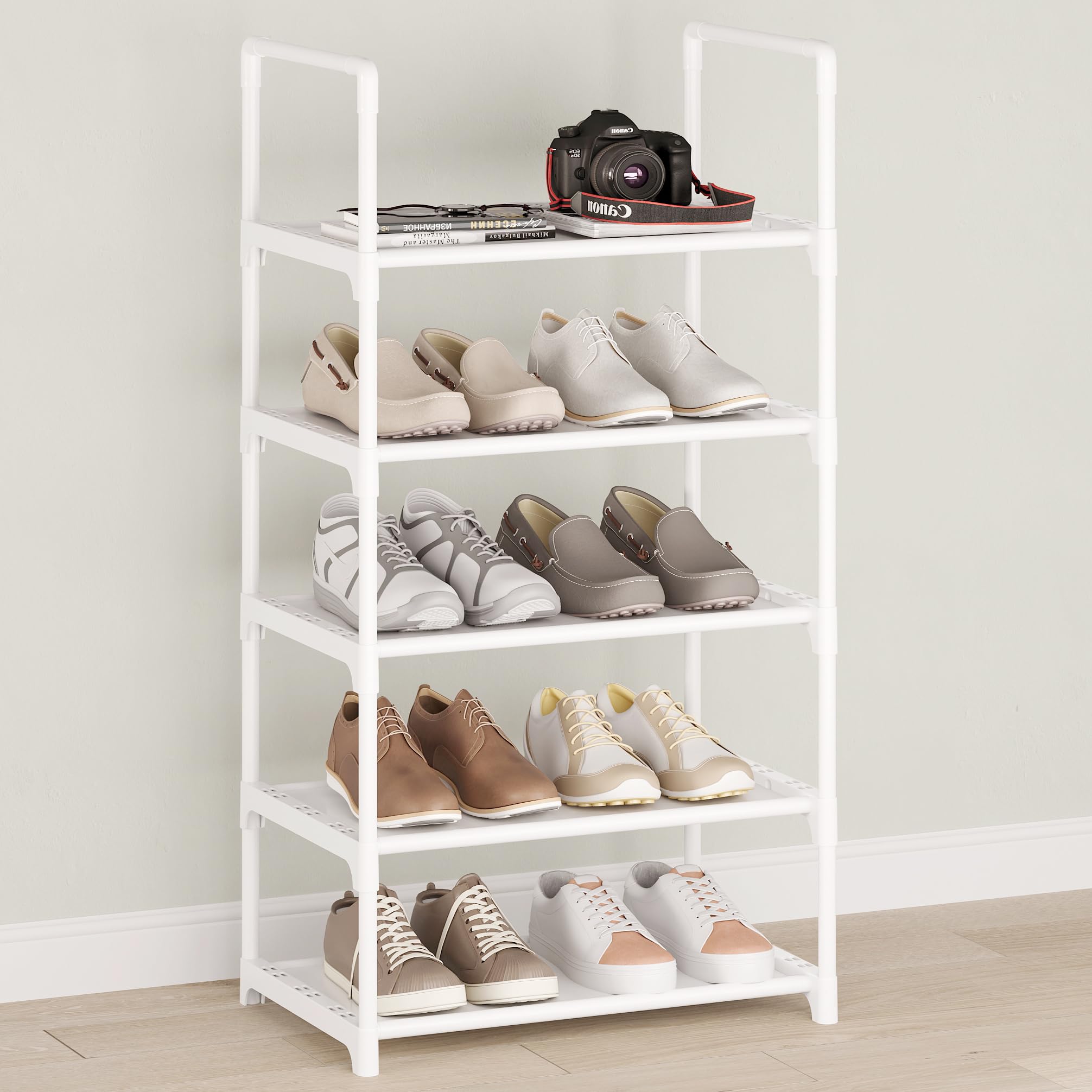 Hockmez 5-Tier Small Shoe Rack,Stackable Shoe Shelf Storage Organizer For Entryway Hallway Closet Bathroom Living Room(White-5Tier)
