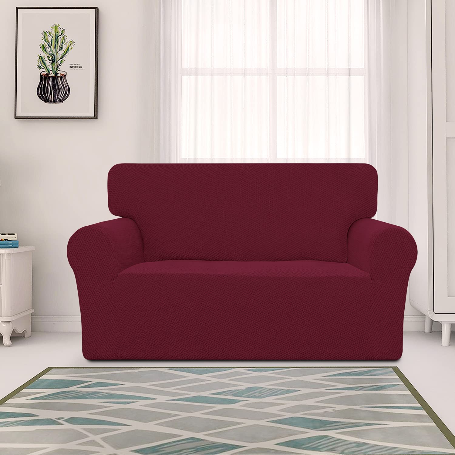 Easy-Going Stretch Jacquard Loveseat Couch Cover, 1-Piece Soft Sofa Cover, Sofa Slipcover With Anti-Slip Foams, Washable Furniture Protector For Kids, Pets (Loveseat, Burgundy)