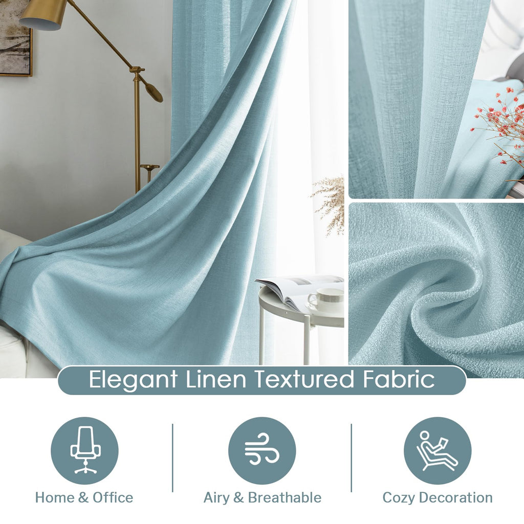 Melodieux Blue Semi Sheer Curtains 45 Inch Length For Bedroom Kitchen Small Windows, Linen Look Rod Pocket Privacy Sheer Drapes,