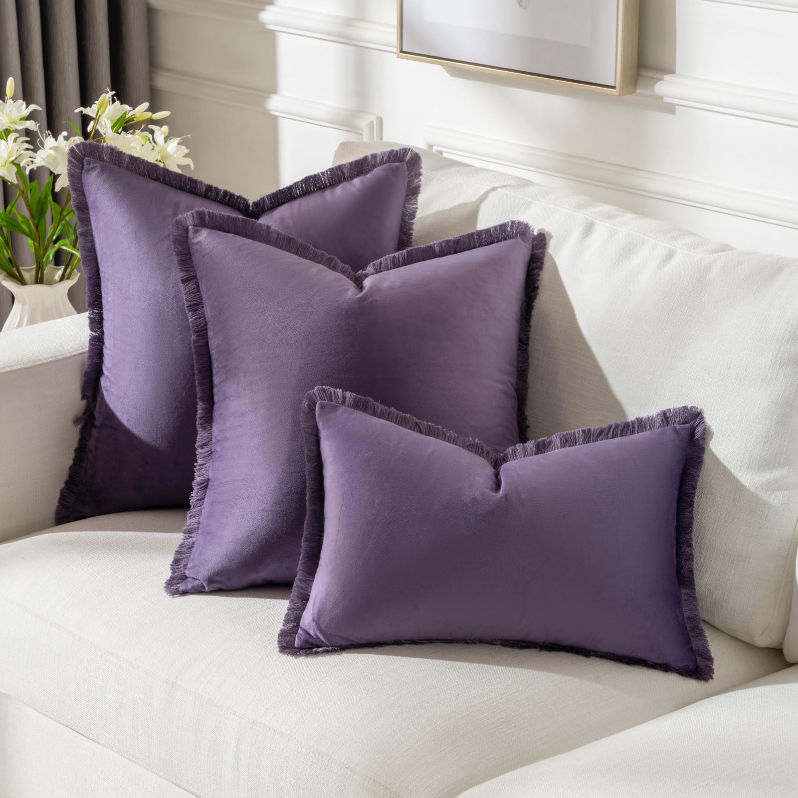 Futei Eggplant Purple Boho Throw Pillow Covers With Tassels 16X16 Inch Set Of 2,Soft Velvet Decorative Cushion Case,Home Decor F