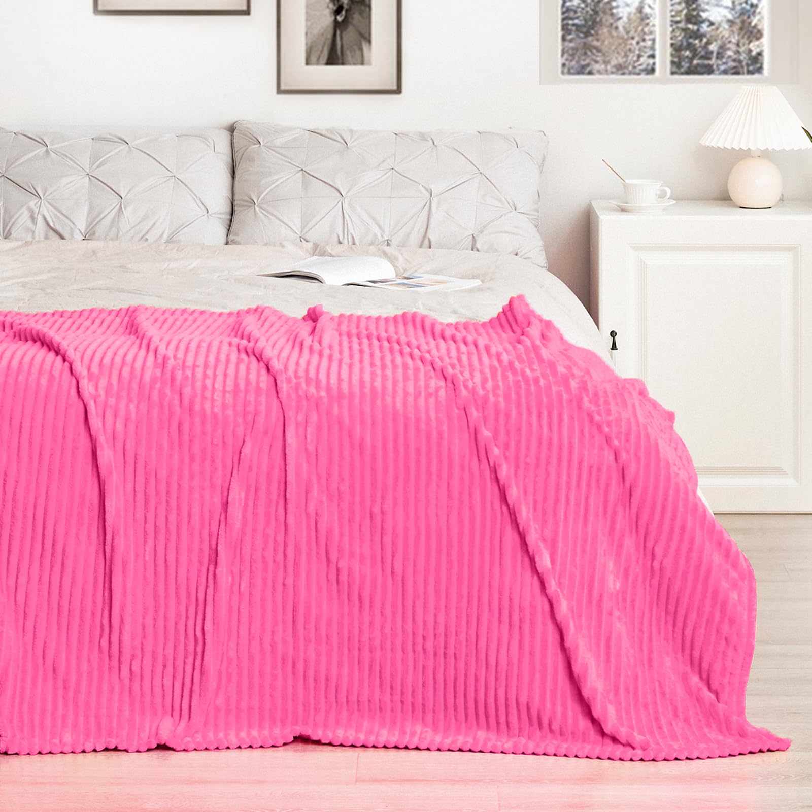 Vessia Flannel Fleece Throw Blanket For Couch,Sofa,Bed, 300Gsm Striped Hot Pink Blanket Throw For Adults And Kids, Super Soft Wa