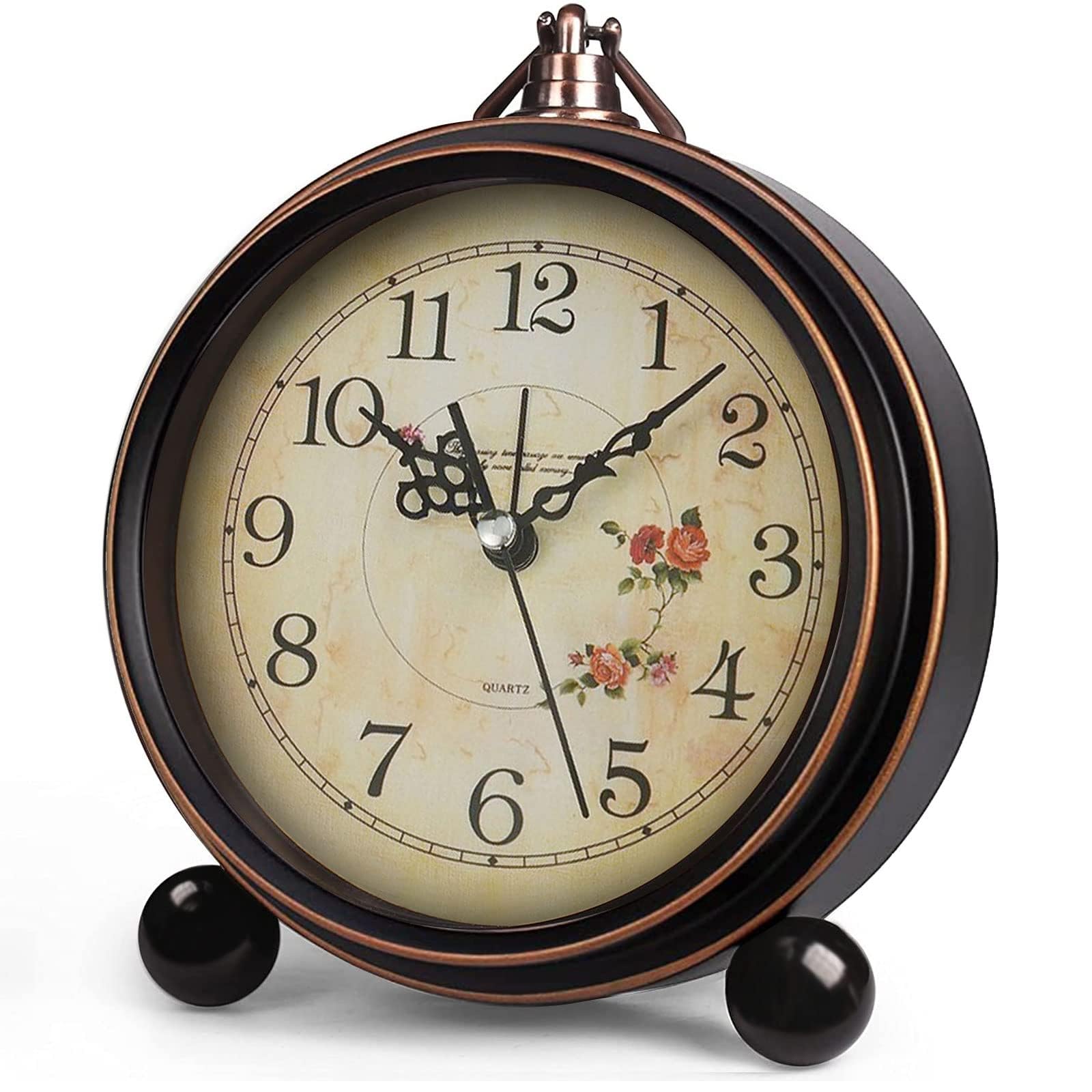 Knigswerk Vintage Analog Alarm Clock, 5.25 inch Small Silent Desk Clock with Night Light, Battery Operated for Table, Bedroom, B