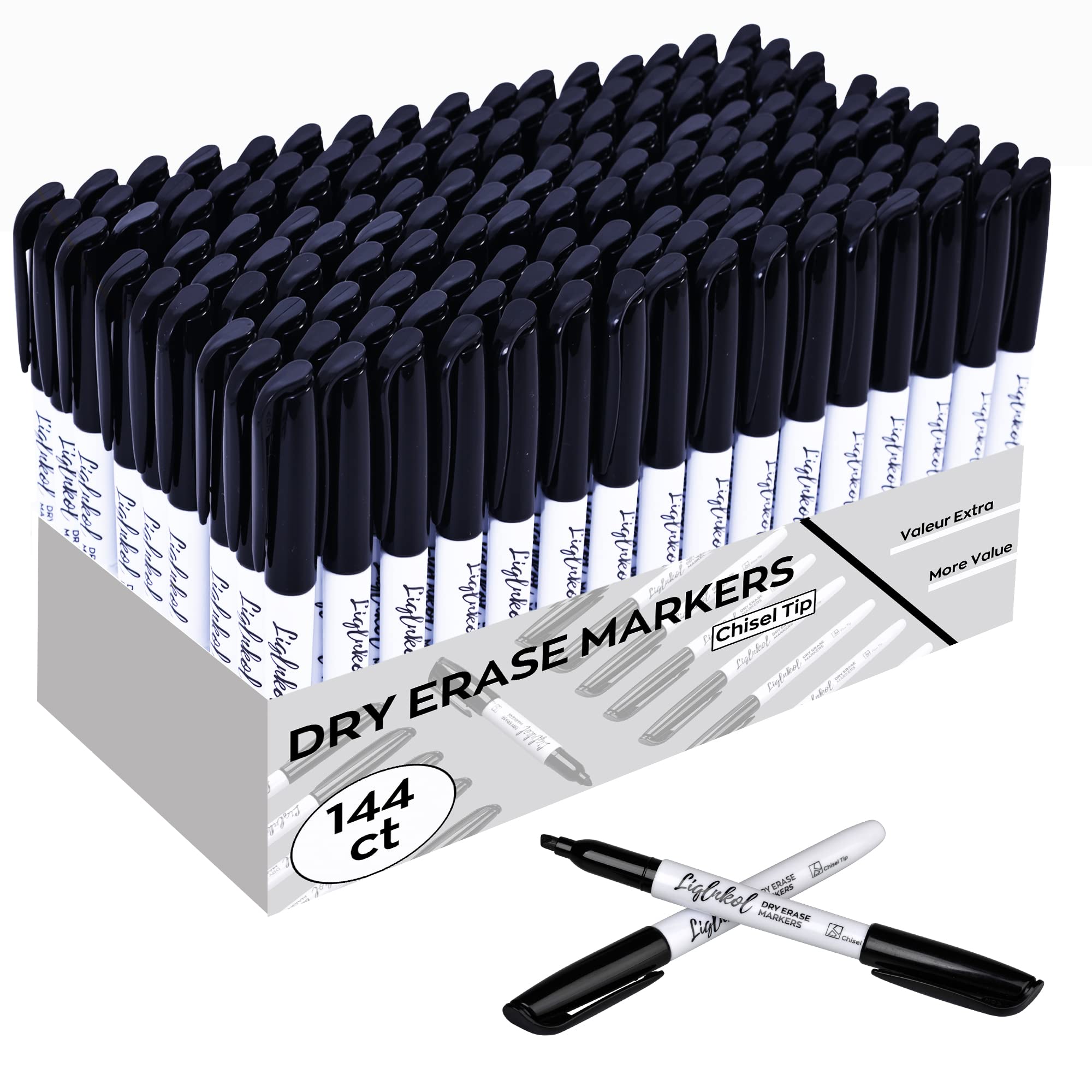 Liqinkol Dry Erase Markers Bulk, 144 Pack Black Whiteboard Markers, Chisel Point Low Odor Dry Erase Markers For School Office Ho