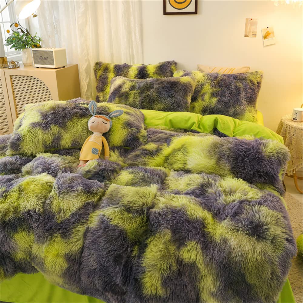 Chovy Faux Fur Plush Tie-Dyed Green Comforter Sets Twin/Full Size - Ultra Soft Shaggy Flannel Velvet Fluffy Fuzzy 3Pc Bedding Se
