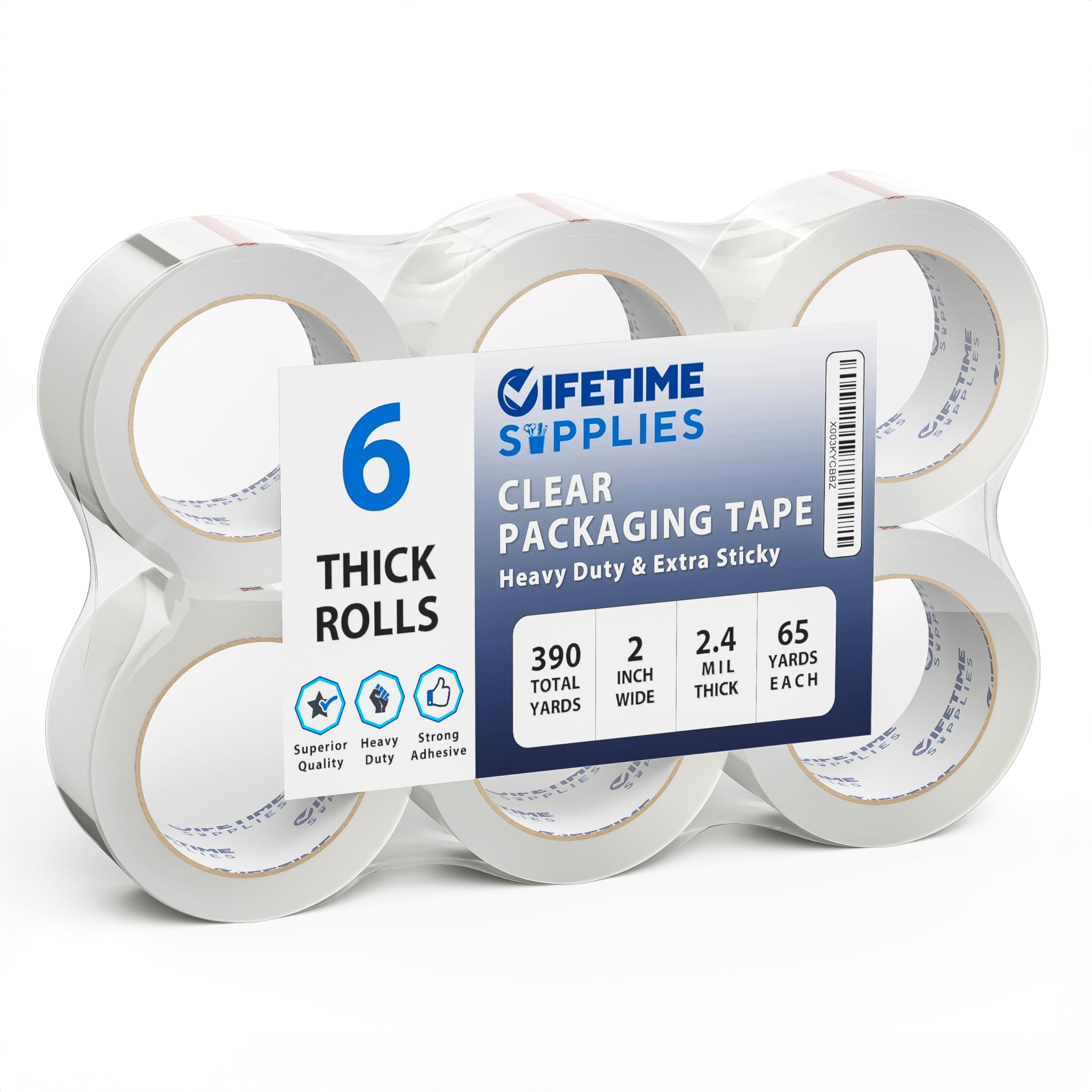 Lifetime Supplies 6 Rolls | 2.4 Mil Clear | 65 Yards Each (390 Yards Total) | 2' Premium Packing Tape Heavy Duty Packaging Tape