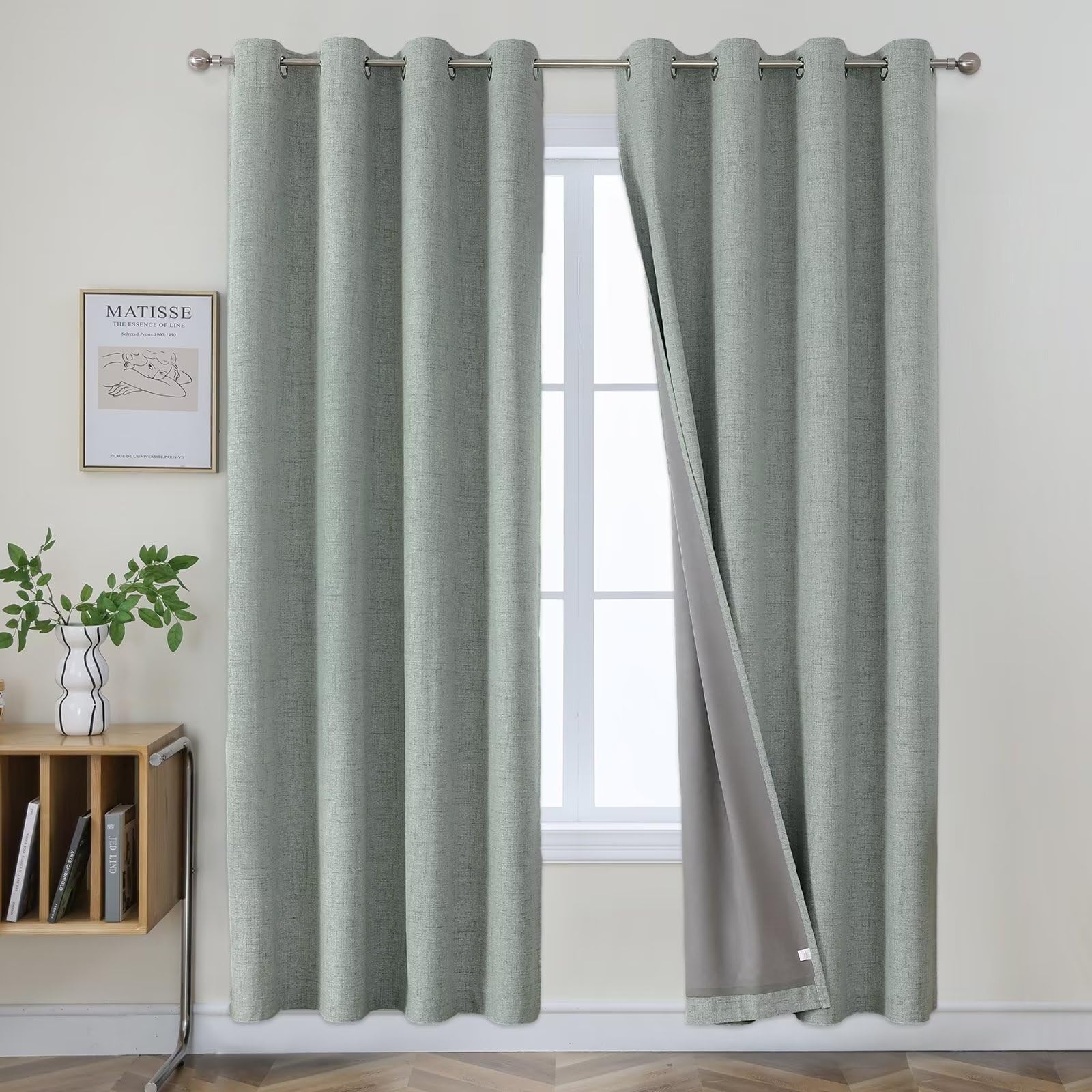 Joydeco Sage Green Curtains 84 Inch Length, Linen 100% Blackout Curtains For Bedroom 2 Panels Set, Burlap Grommet Room Darkening