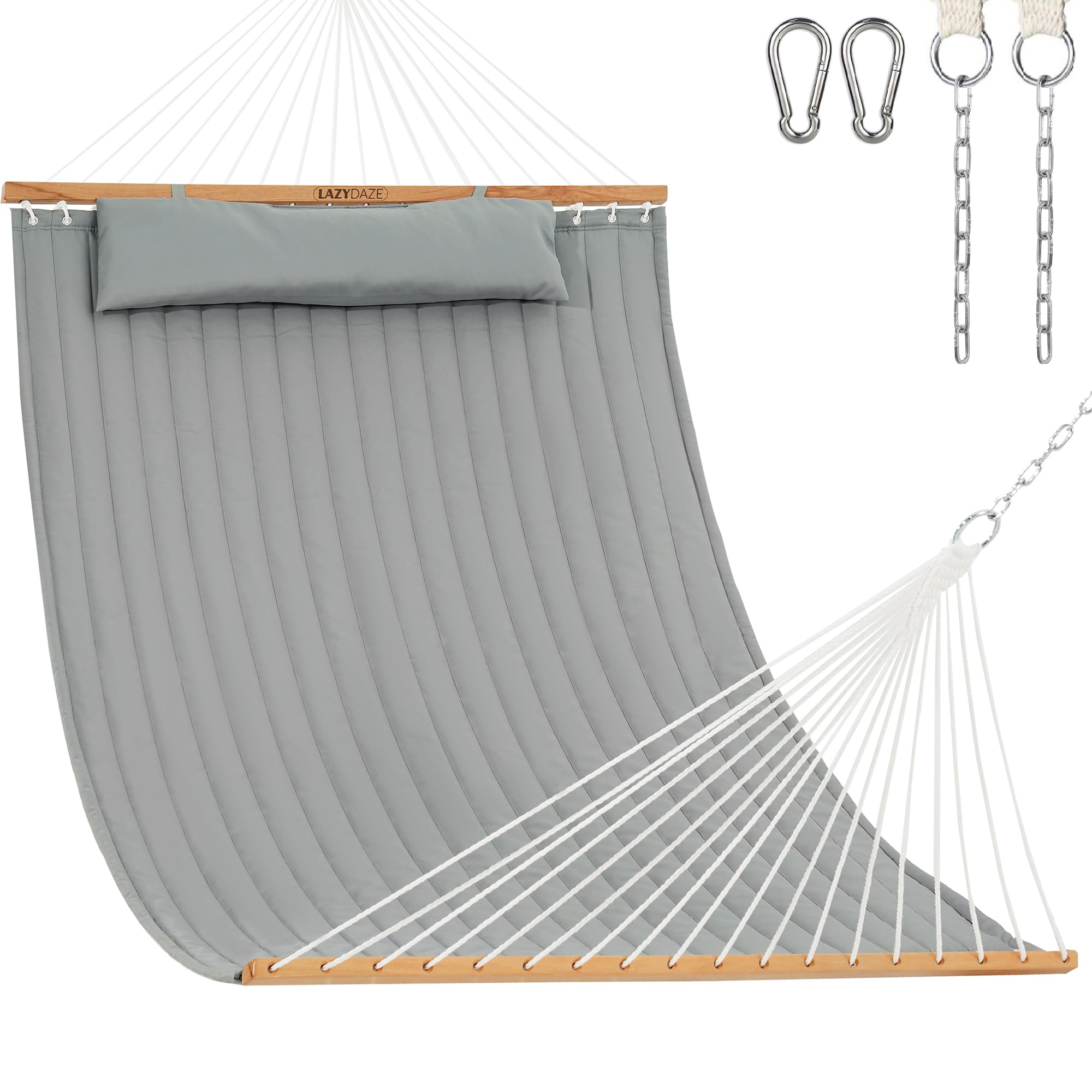 Lazy Daze Hammocks 12 FT Double Quilted Fabric Hammock with Spreader Bar and Detachable Pillow, 2 Person Double for Outside Pati