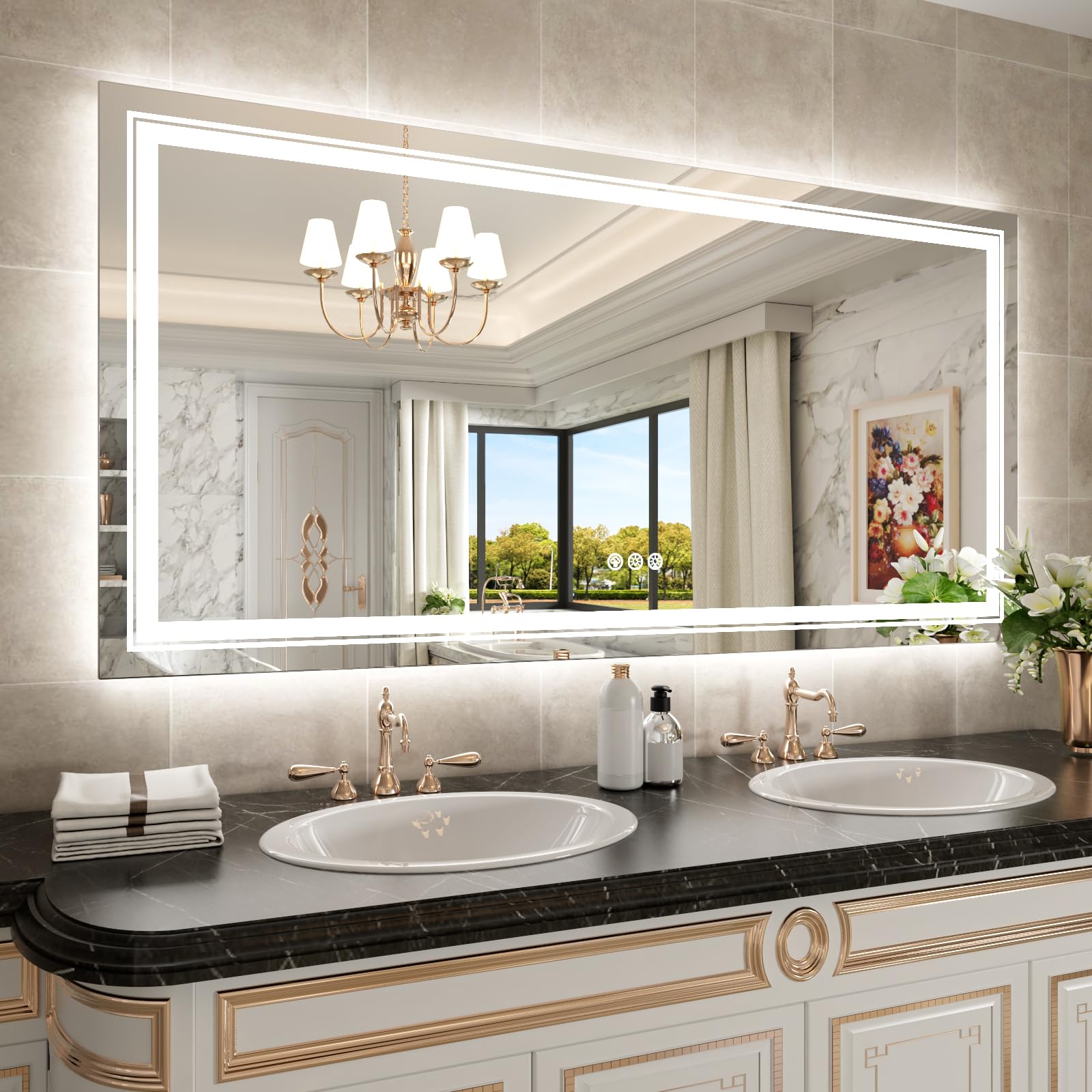 WTTY RGB LED Mirror for Bathroom,72x32 Large LED Bathroom Mirror with Backlit and Front Light,Stepless Dimmable,Anti-Fog,Lighted