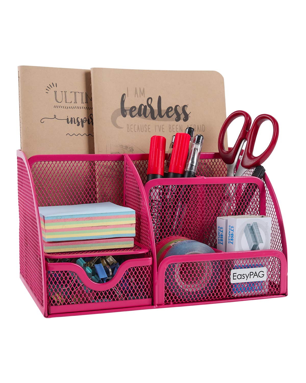 Easypag Mesh Desk Organizer Office Desktop Supplies Caddy Multi-Functional Pen Holder 6 Compartments And 1 Drawer For Home,Schoo