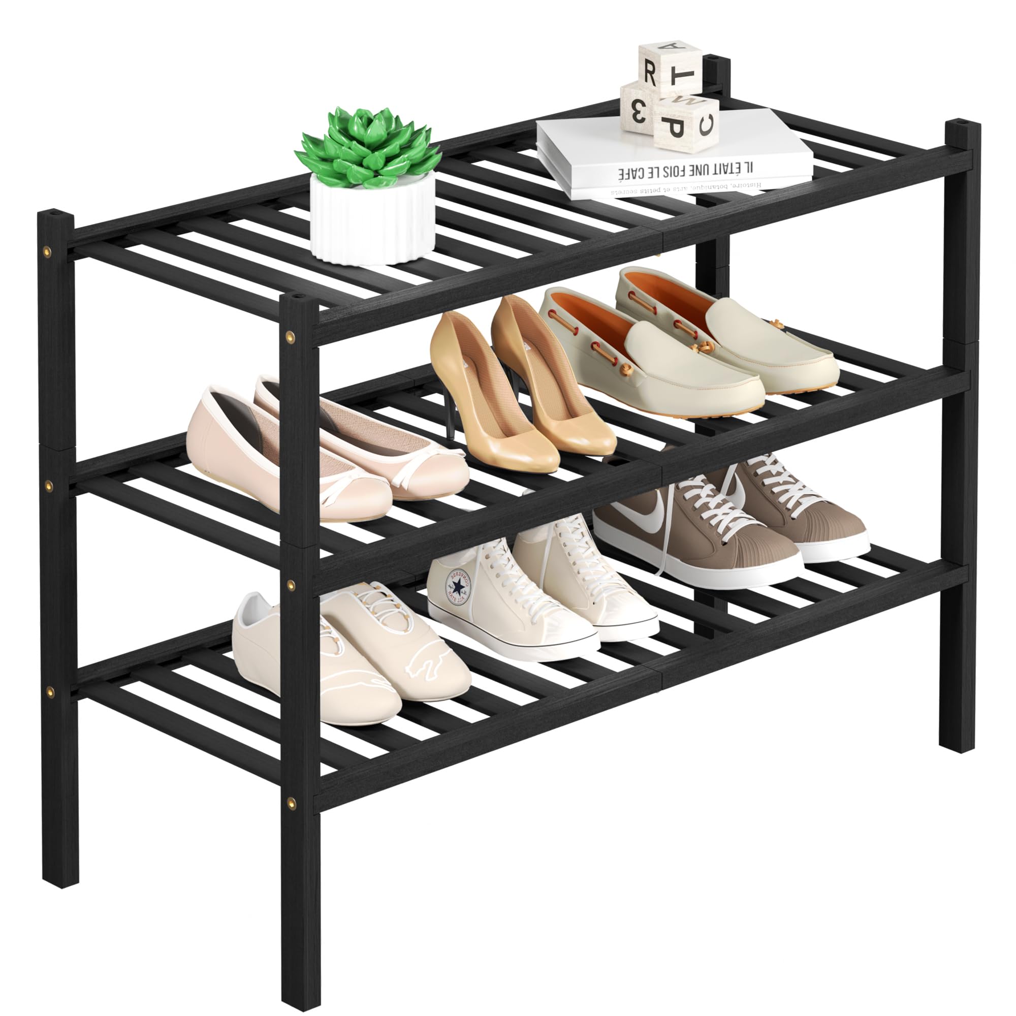Romguar Craft 3 Tier Bamboo Shoe Rack For Closet Free Standing Wood Shoe Shelf Storage Organizer For Entryway Small Space Stackable 27'X11'X20' (Black)