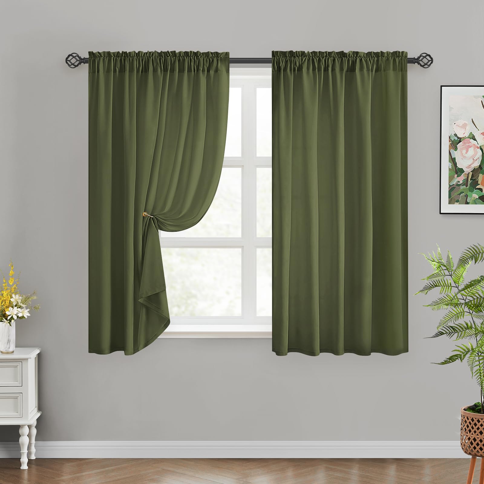 HOMEIDEAS Non-See-Through Olive Green Privacy Sheer Curtains, 52 X 54 Inches Long 2 Panels Sheer Curtains Light Filtering Window