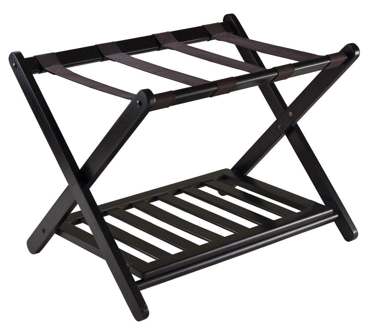 Winsome Reese Luggage Rack with Shelf, Solid Wood, for Guest Room, Bedroom, Hotel, Foldable, with Extra Storage Shelf, No Assembly, Espresso