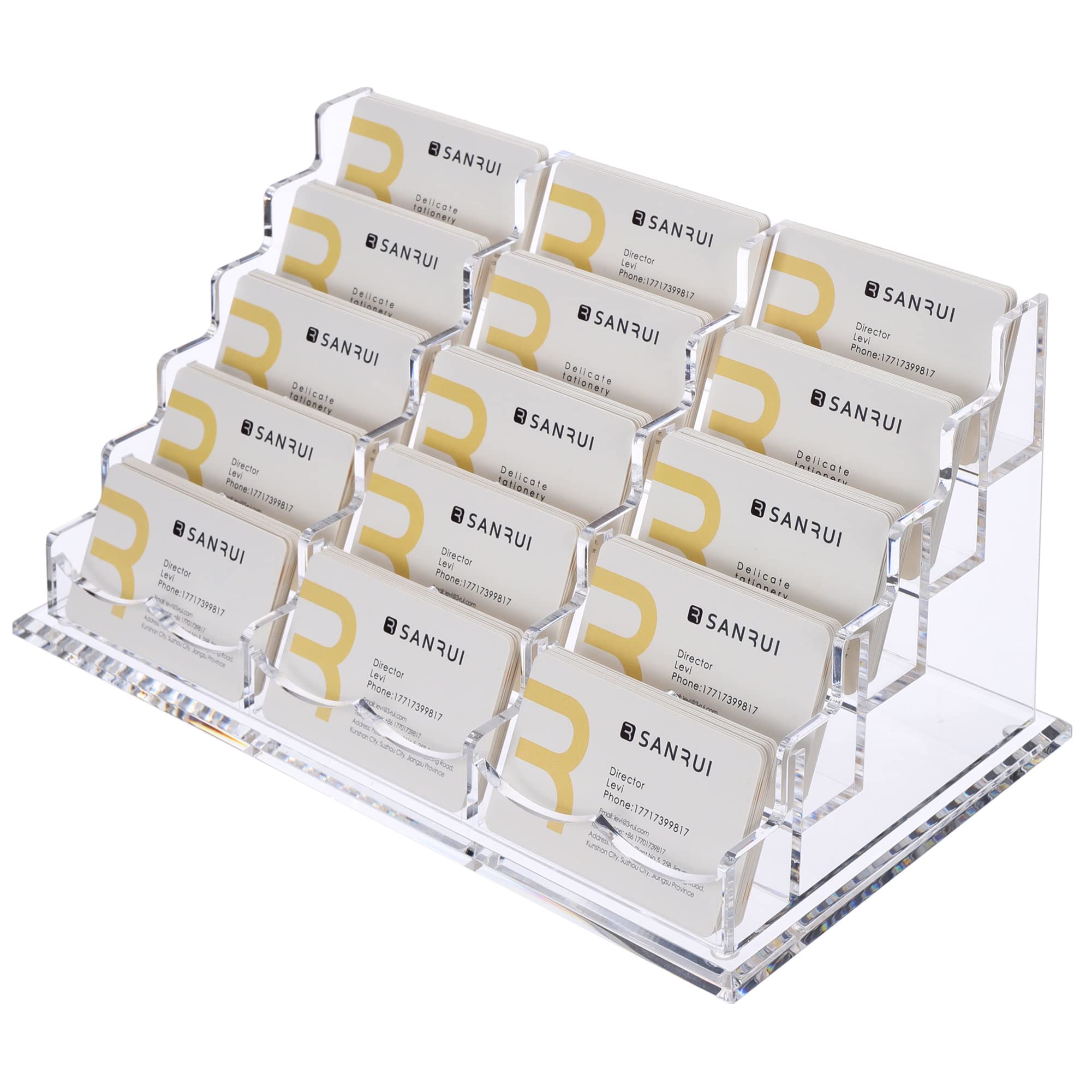 Sanrui Acrylic Multiple Business Card Holder Display For Desk , 15 Slots Business Card Stand , Clear Horizontal 5 Tier Business