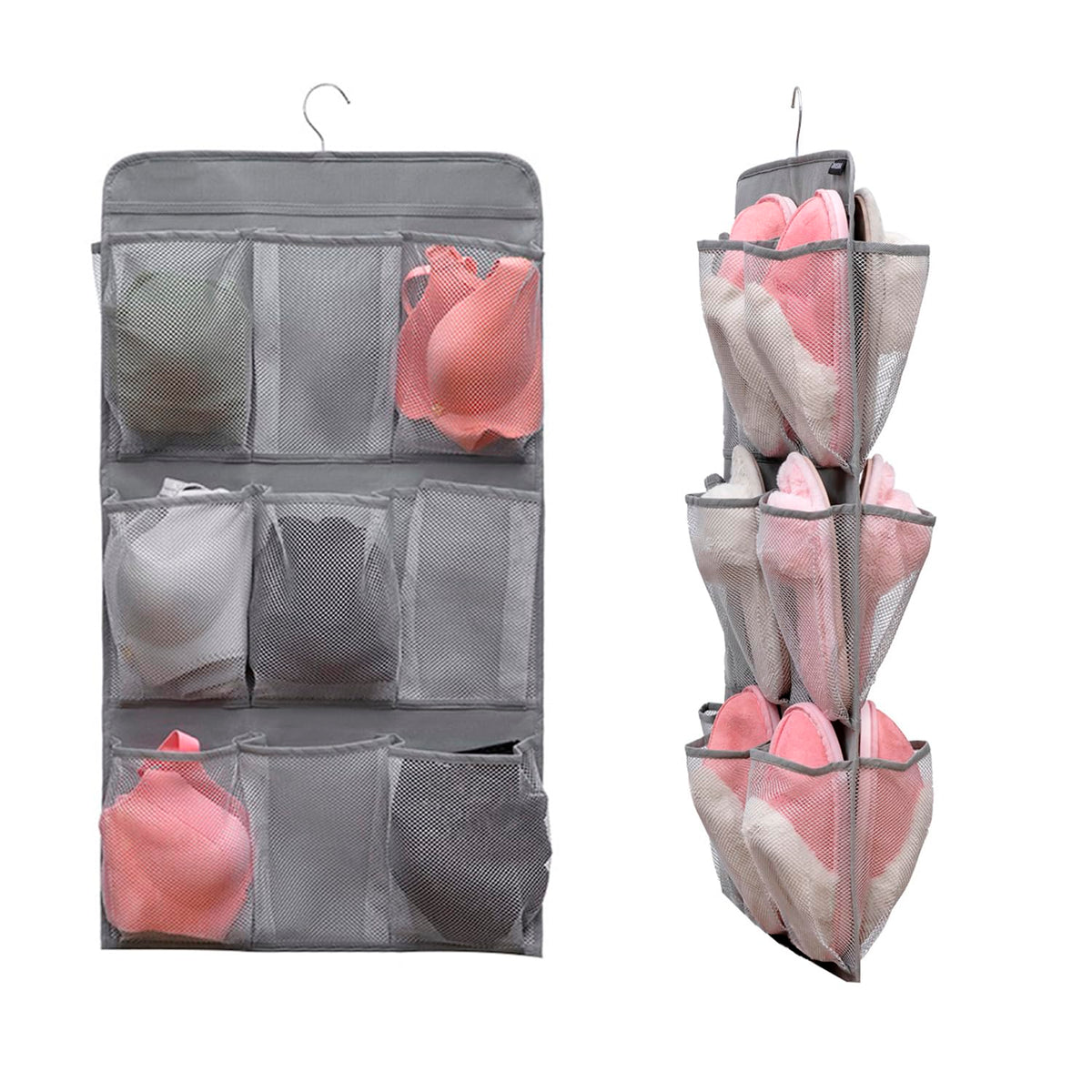 TEMUORG 2 Pcs Closet Organizer Dual Sided Hanging Shoe Storage Bag Underwear Socks Holder with 18 Pockets (MESH POCKETS)