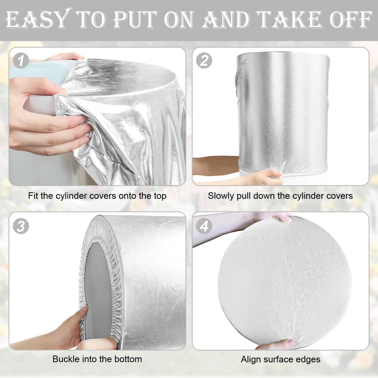 Saitimade Set Of 5 - Silver Cylinder Pedestal Stand Covers, Flexible Cylinder Stand Covers For Party, Wedding Or Birthday Event