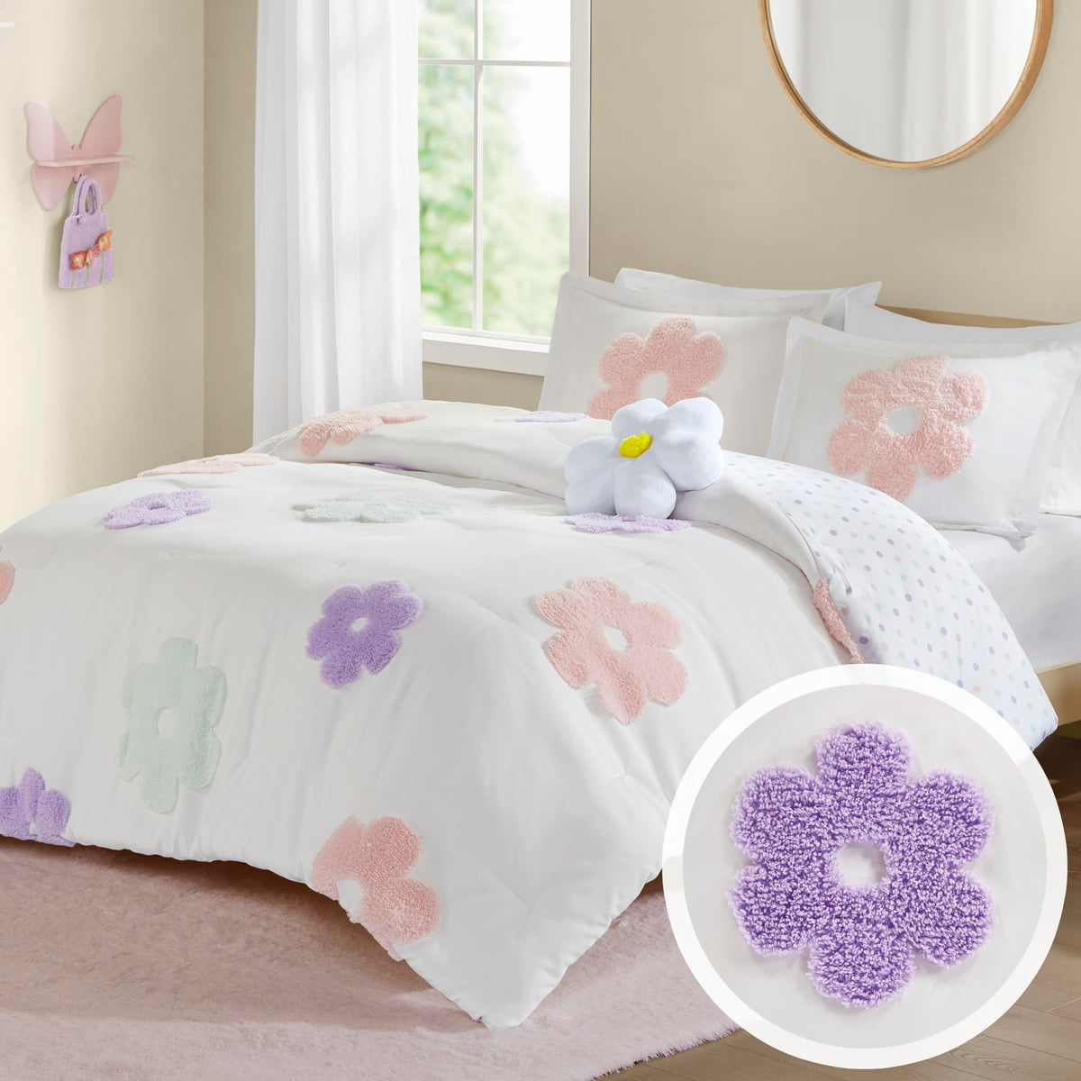 Urban Habitat Kids Twin Comforter Set For Girls, Tufted Chenille Floral Comforter Set Twin, Lightweight Polka Dot Comforter Reve