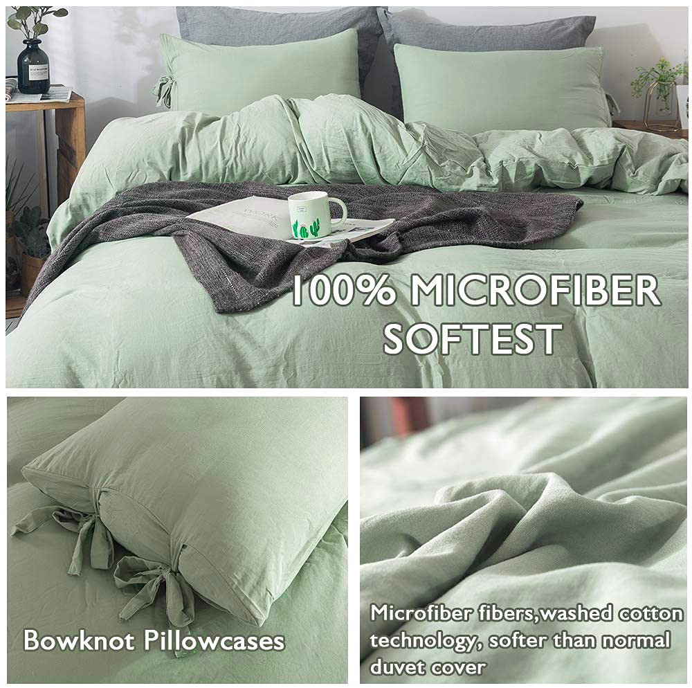 Annadaif Duvet Cover Queen Size Sage Green, 3 Pieces Soft Washed Microfiber Duvet Cover Set, Comforter Cover With Bowknot Bow Ti