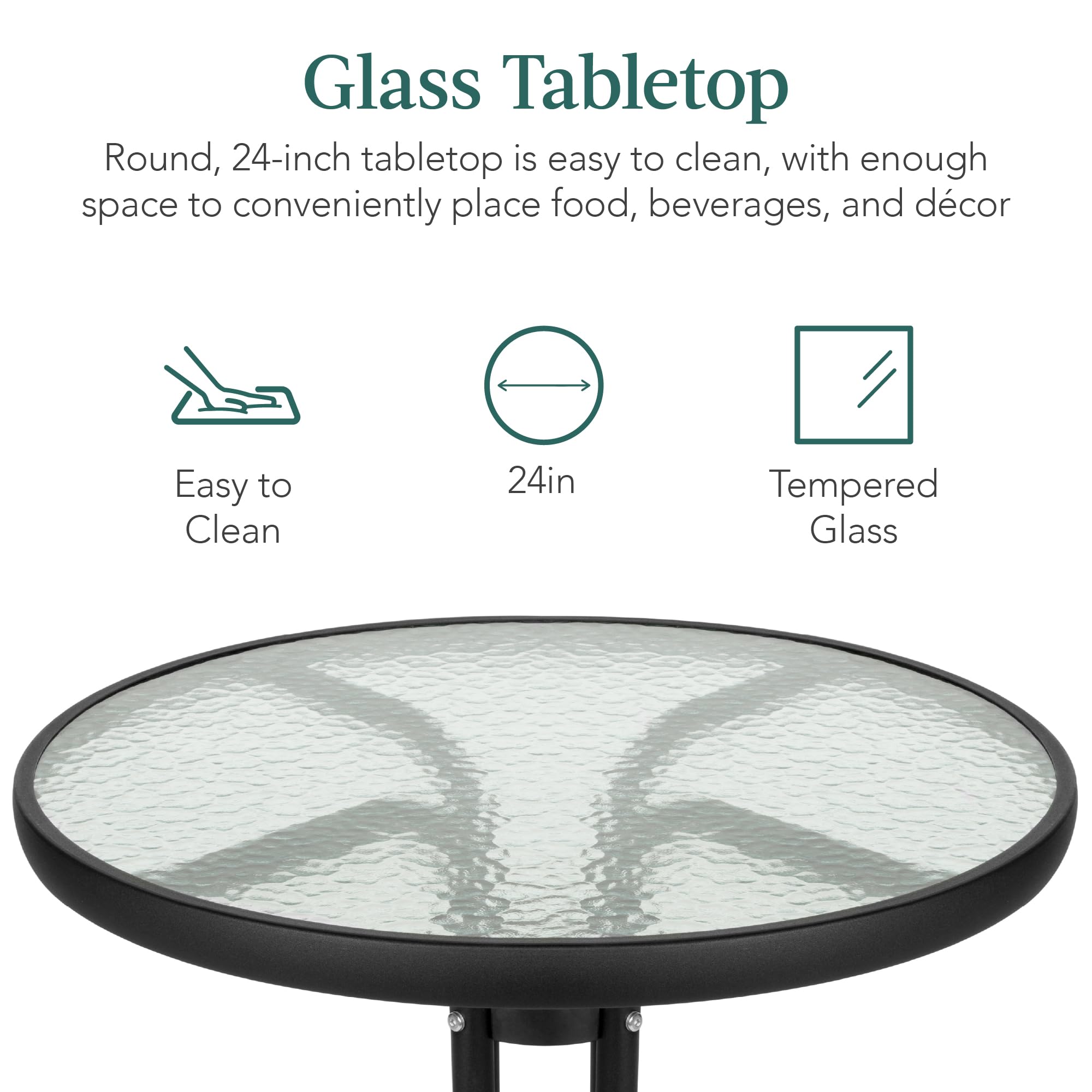 Best Choice Products 3-Piece Patio Bistro Dining Furniture Set W/Textured Glass Tabletop, 2 Steel Folding Chairs, Polyester Fabric - Beige