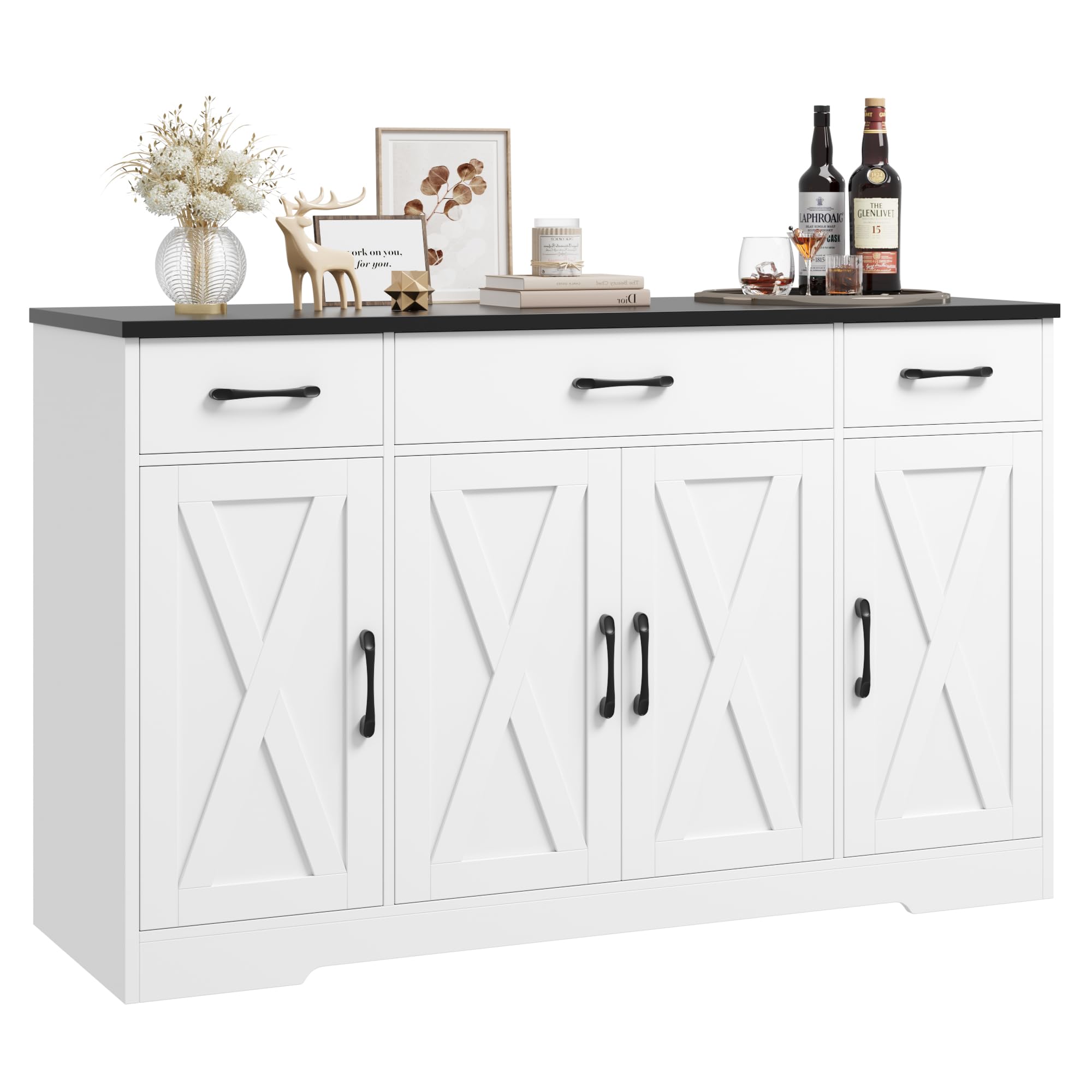 Hostack Large Buffet Cabinet With Shelves And Doors, Modern Farmhouse Coffee Bar Cabinet Wood Buffet Table For Kitchen, Dining Room, White/Black