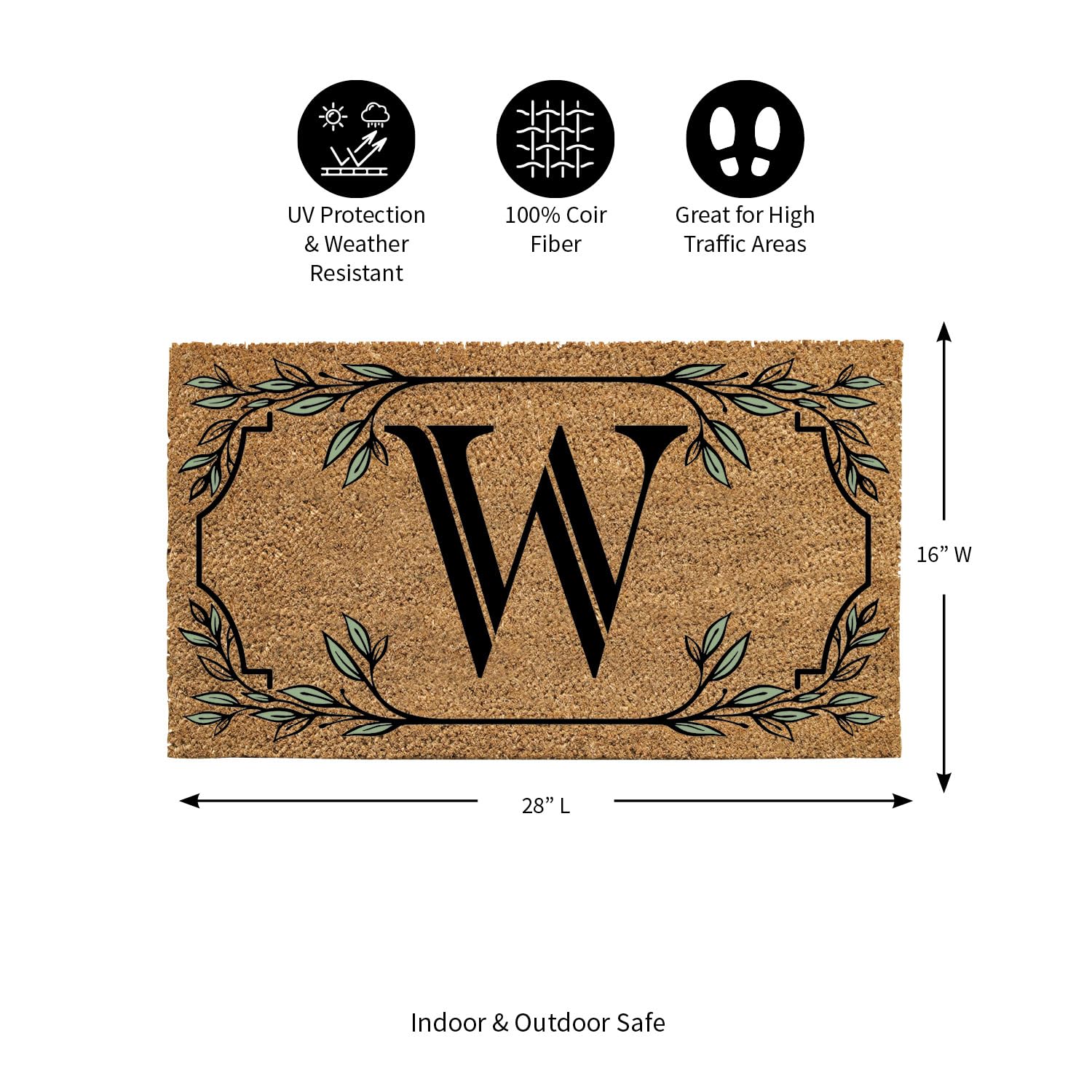 Evergreen Monogram Coir Doormat | Letter W | Front Door Mat For Outdoor Indoor Entrance | 28X16 Inches | Non-Slip Backing Doorwa