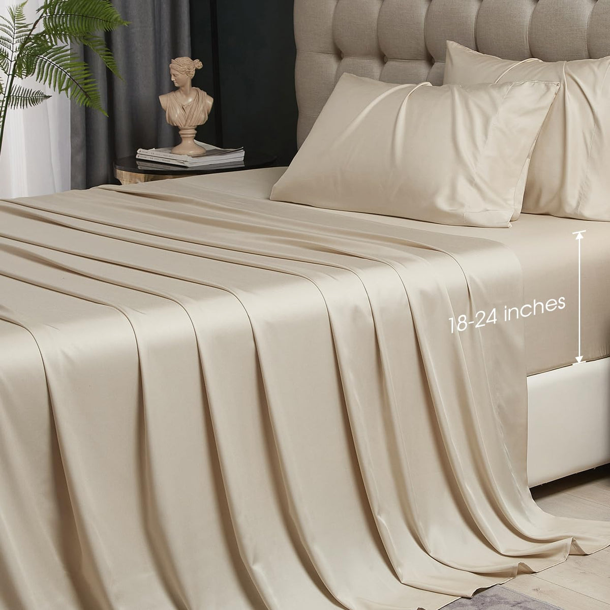 Hyprest Beige Sheets Queen- Rayon Derived From Bamboo,Silk Soft Breathable Luxury Cooling Sheets No Sweat, Extra Deep Pocket Que