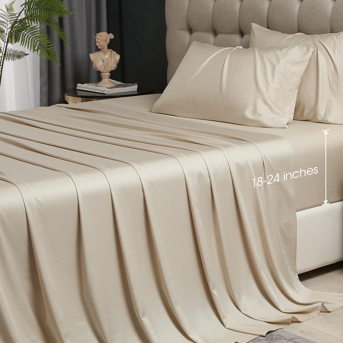 Hyprest Beige Sheets Queen- Rayon Derived From Bamboo,Silk Soft Breathable Luxury Cooling Sheets No Sweat, Extra Deep Pocket Que