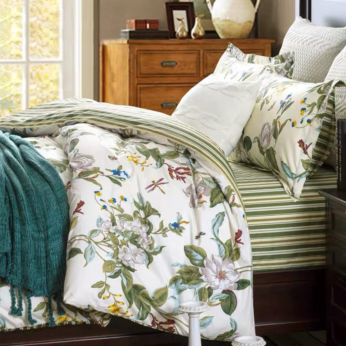 Fadfay Shabby Floral Bedding Set King Size 7Pcs 100% Cotton Green Cream Flower Bed Sheets With Duvet Cover Set, Complete Bedding